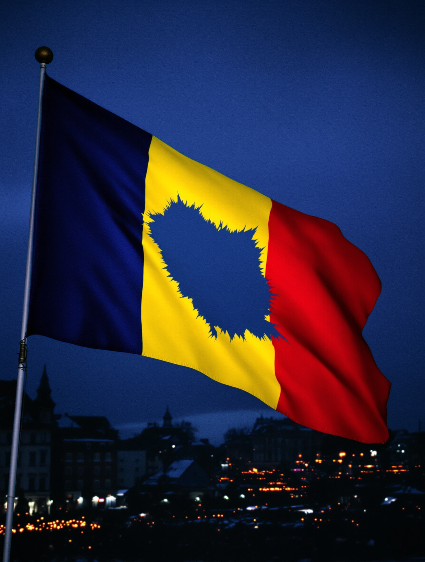 The Romanian tricolor with the communist emblem torn out, flying over a candlelit revolution crowd, for Decembrie 89 Freedom Elixir.