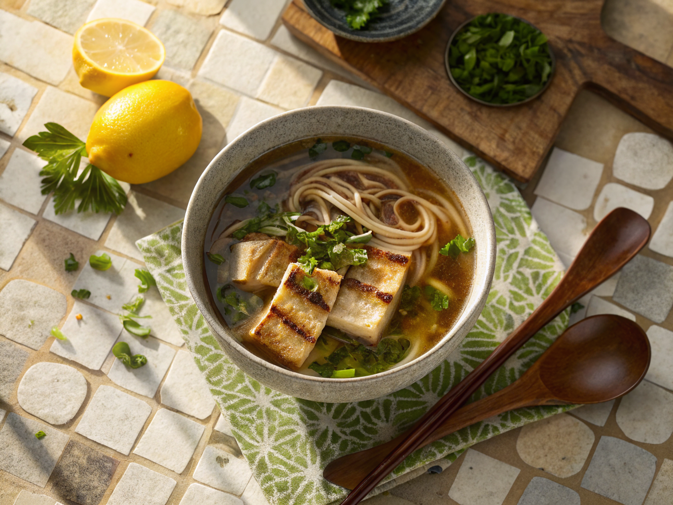 Miso Soup with Soba Noodles and Grilled Tofu