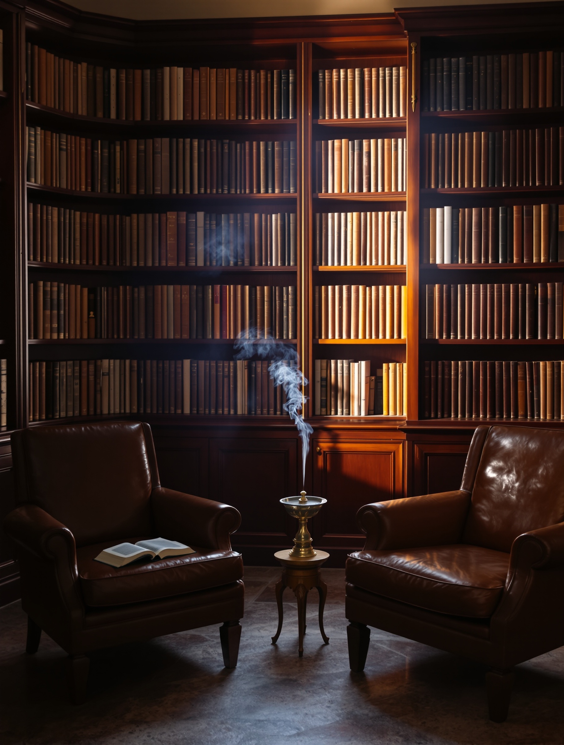 A warm amber-lit private library interior evoking the meditative gravity of Amouage Reflection 45.