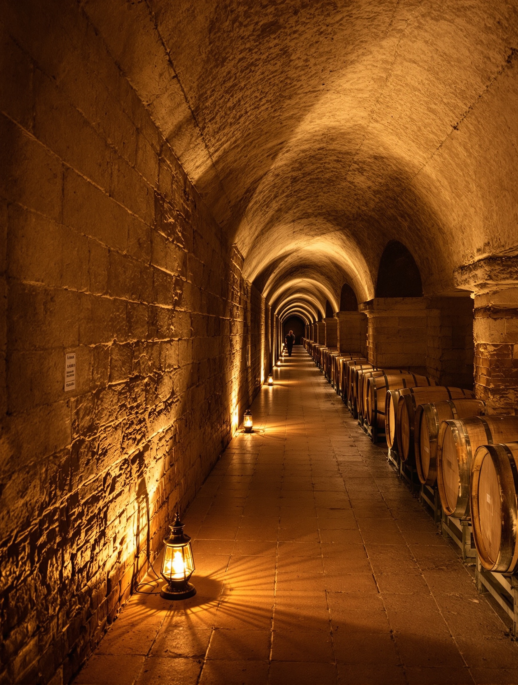 A wide editorial photograph of a limestone cognac cellar lined with oak barrels for Angels Share by Kilian Paris.