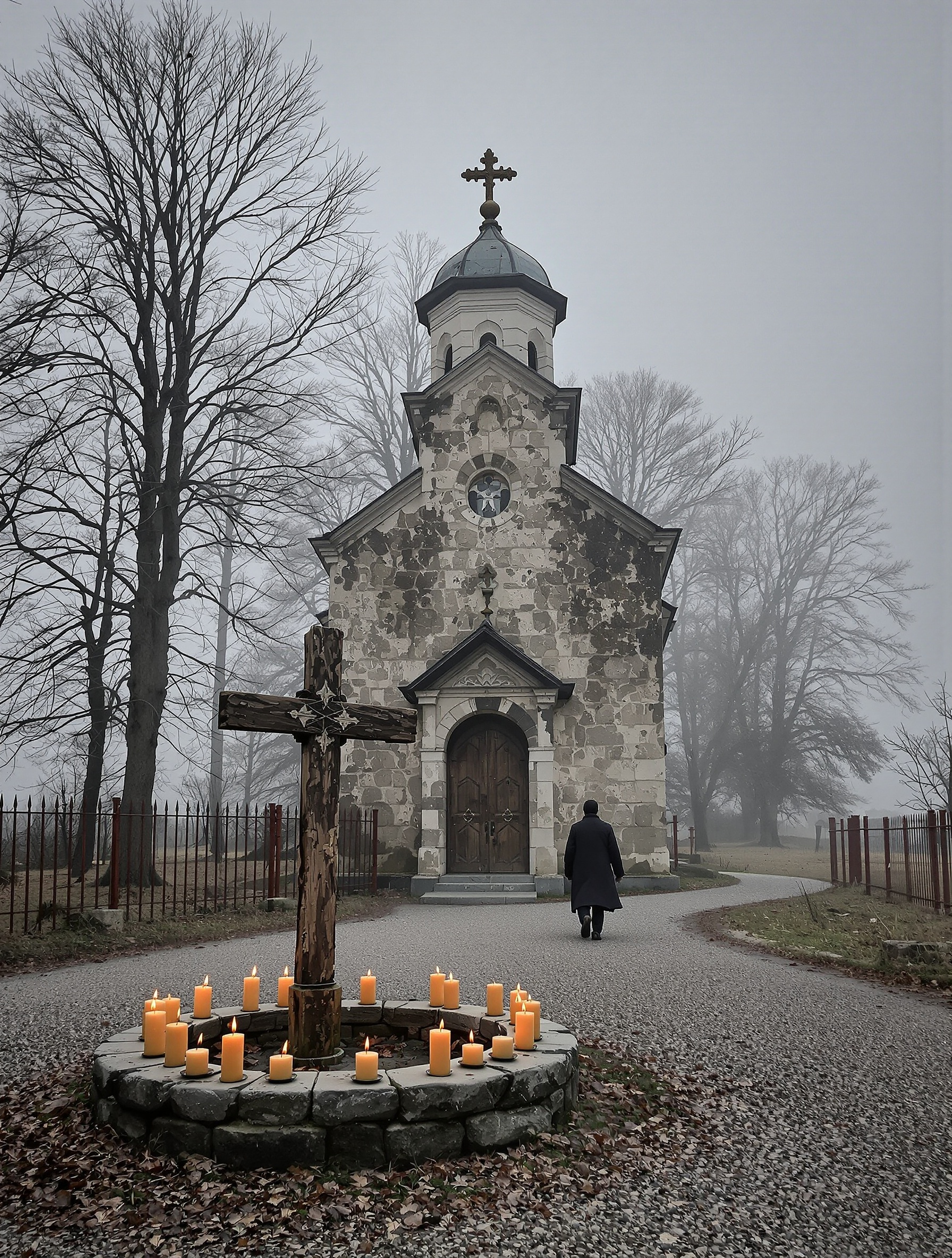 A fog-bound weathered stone Orthodox chapel with a ring of guttering candles at a wooden cross, one distant figure walking away on a gravel path in bleak November light.