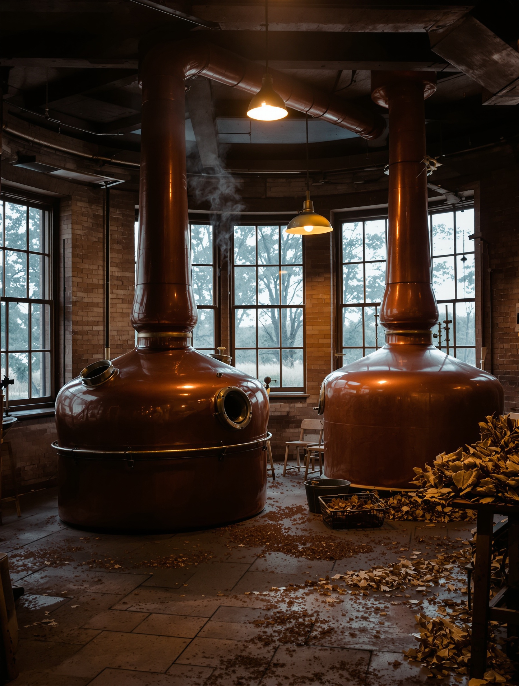 Two plain unmarked copper pot stills glow under warm tungsten light inside a hazy dusk distillery, surrounded by piled cinnamon bark and condensation-fogged windows.