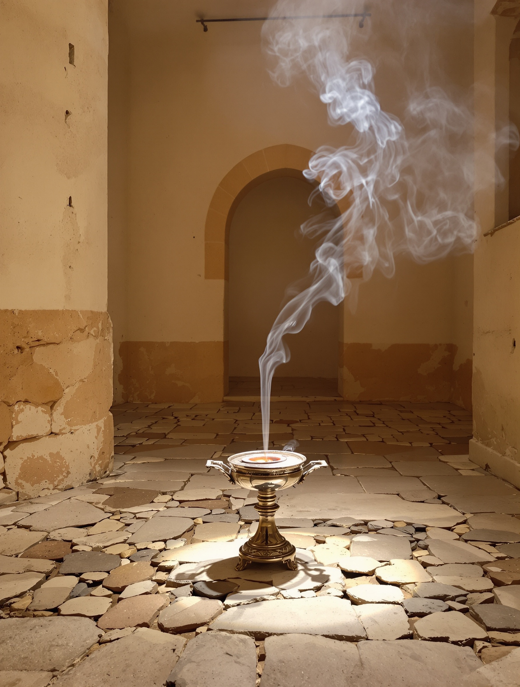 A lone frankincense burner smoking in an empty stone room, capturing the sacred stillness of Amouage Reflection 45.
