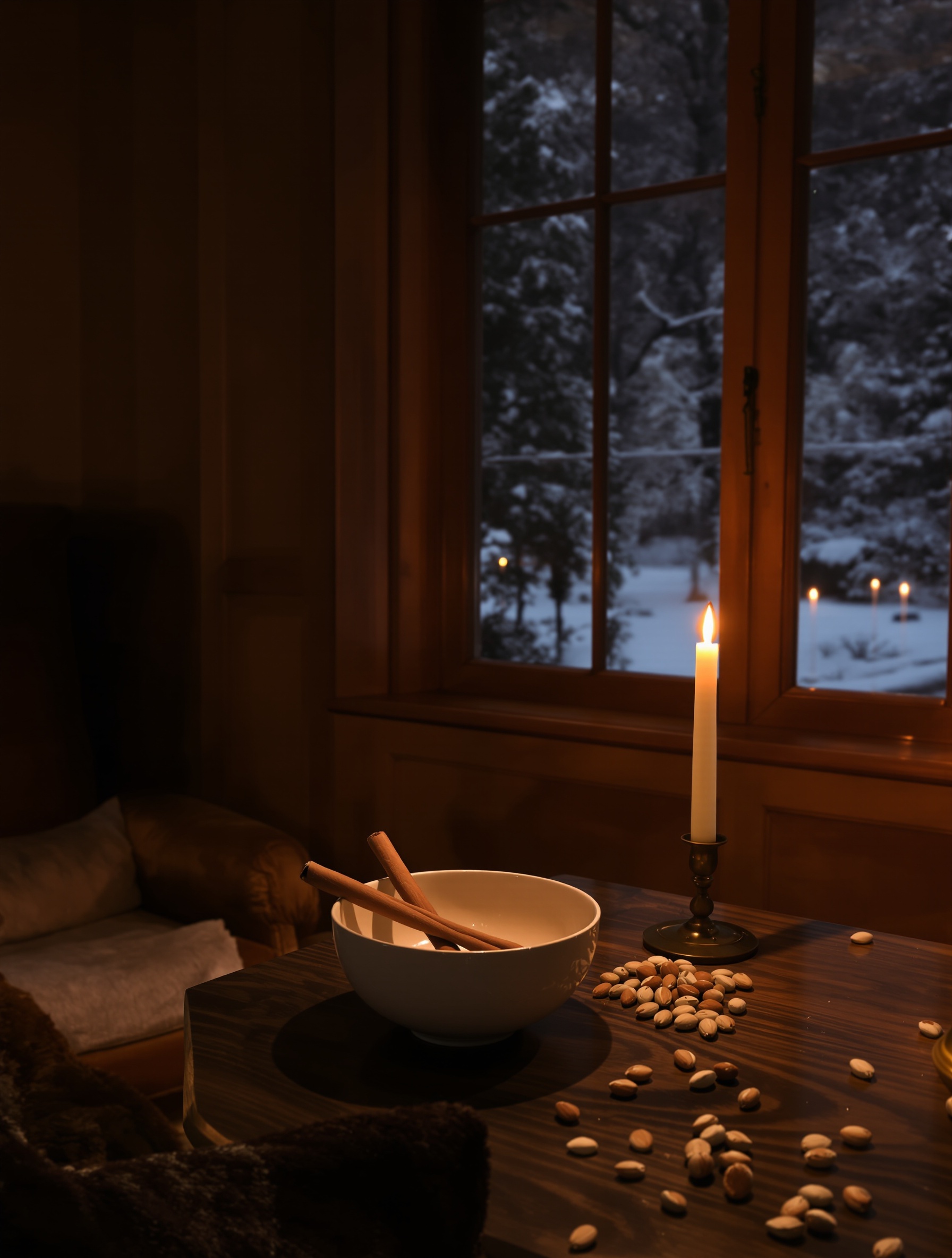 A candlelit panelled salon at night with cinnamon and almonds on a dark wood table, evoking the intimacy of Angels Share by Kilian Paris.