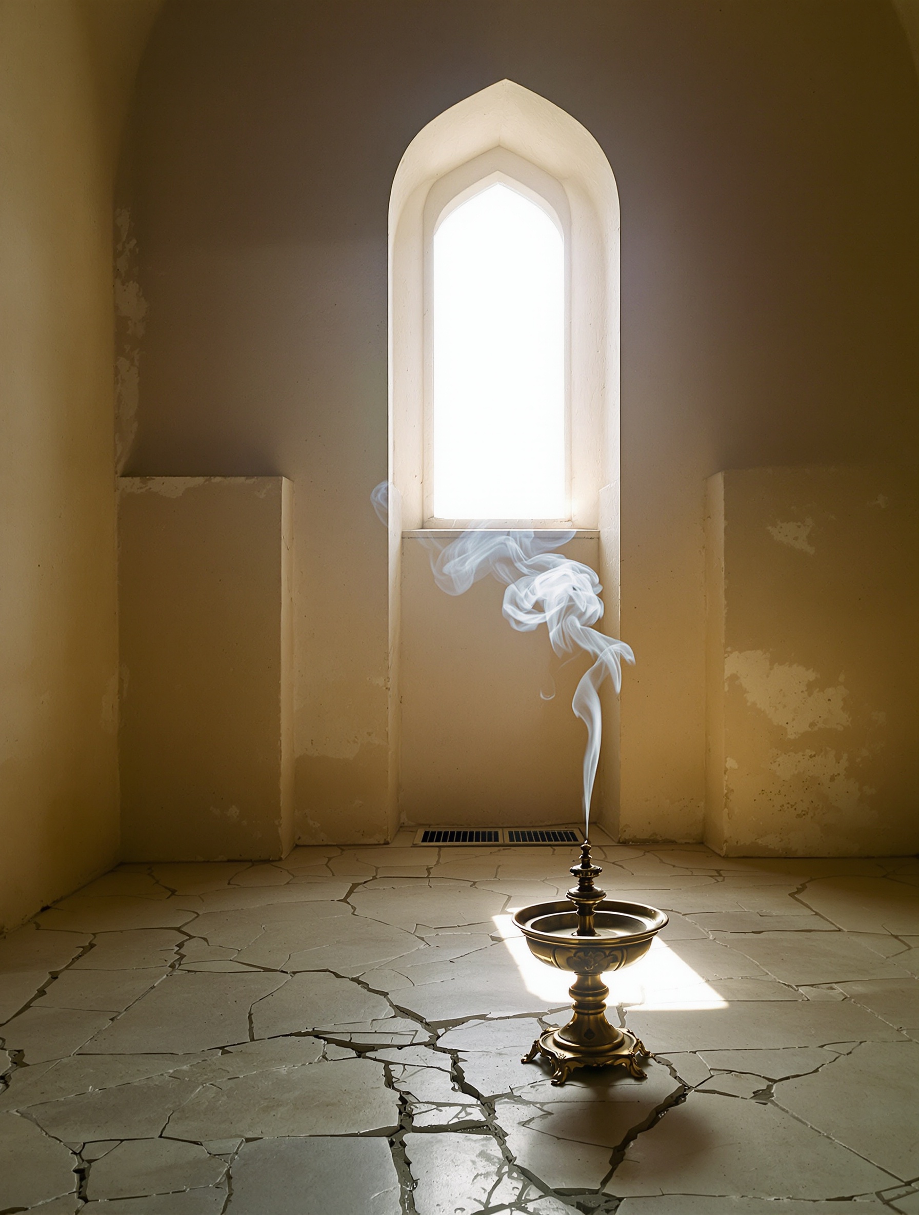 A worn Omani stone room where morning sunlight streams through an arched window onto cracked limestone tiles, a small brass incense burner releasing a delicate curl of frankincense smoke into the golden haze.