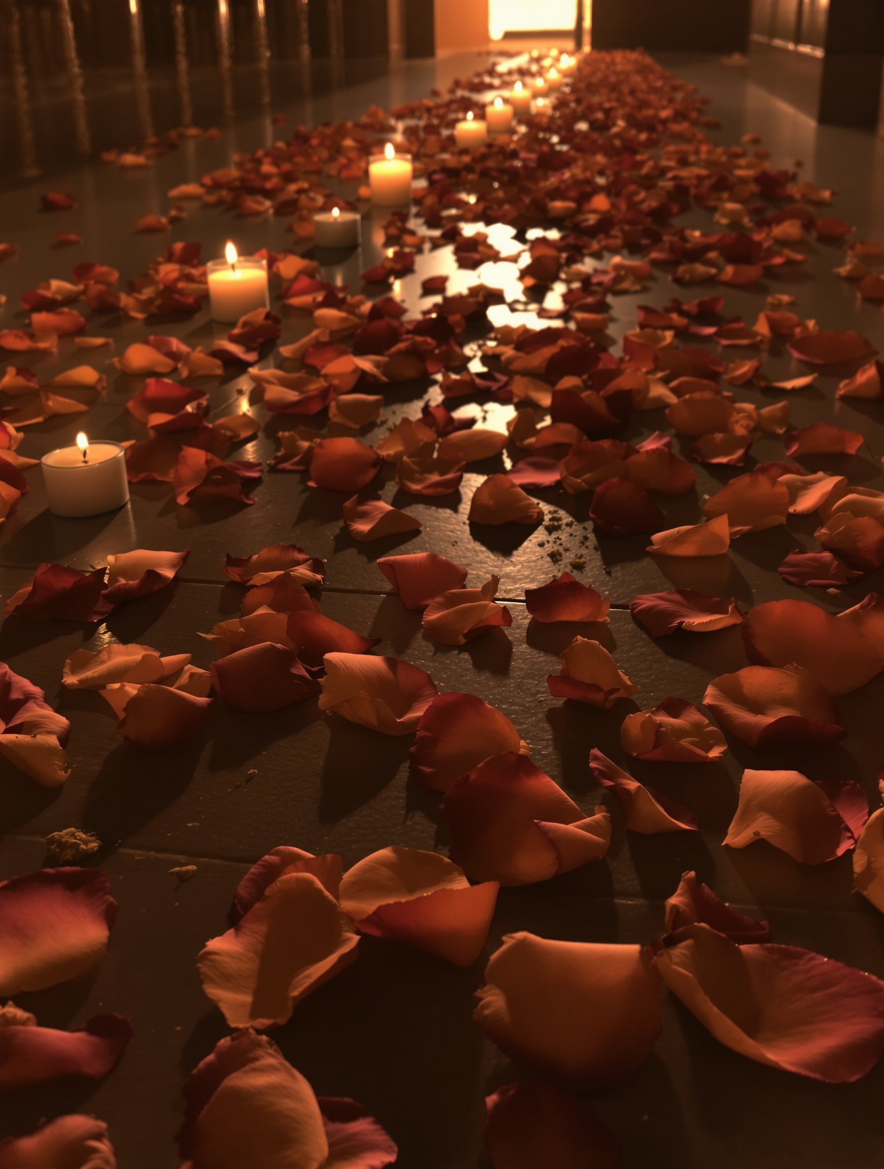 Darkened rose petals scattered across a stone floor after a ceremony, candles spent, for Guidance 46 by Amouage.