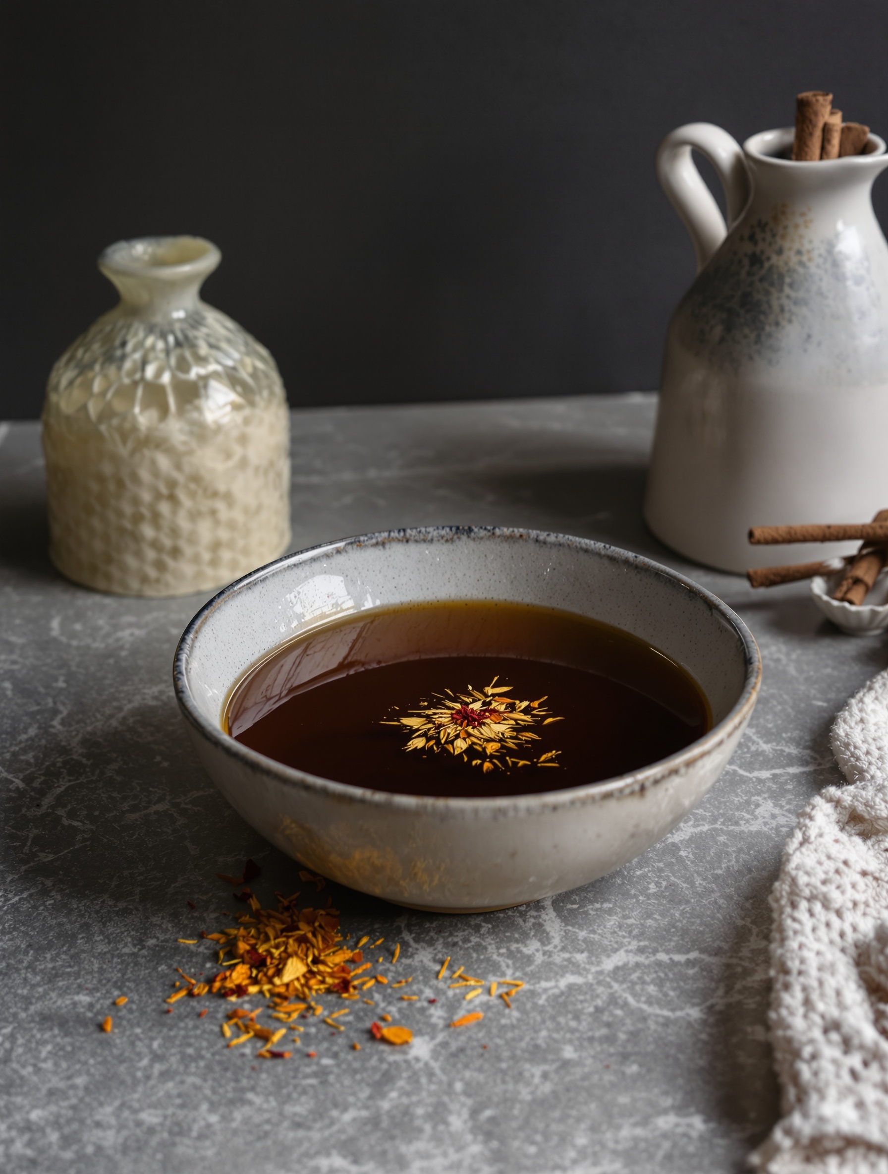 Saffron threads dissolving in dark amber liquid in a ceramic bowl, evoking Side Effect's narcotic spice accord.