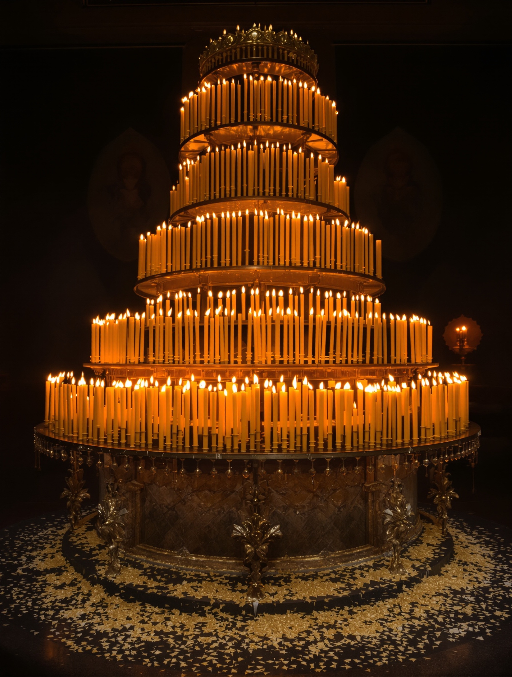 Dozens of beeswax candles burning before a gilded Orthodox icon with incense smoke drifting through the nave for Coliva Gourmand Potion by Adi Ale Van.