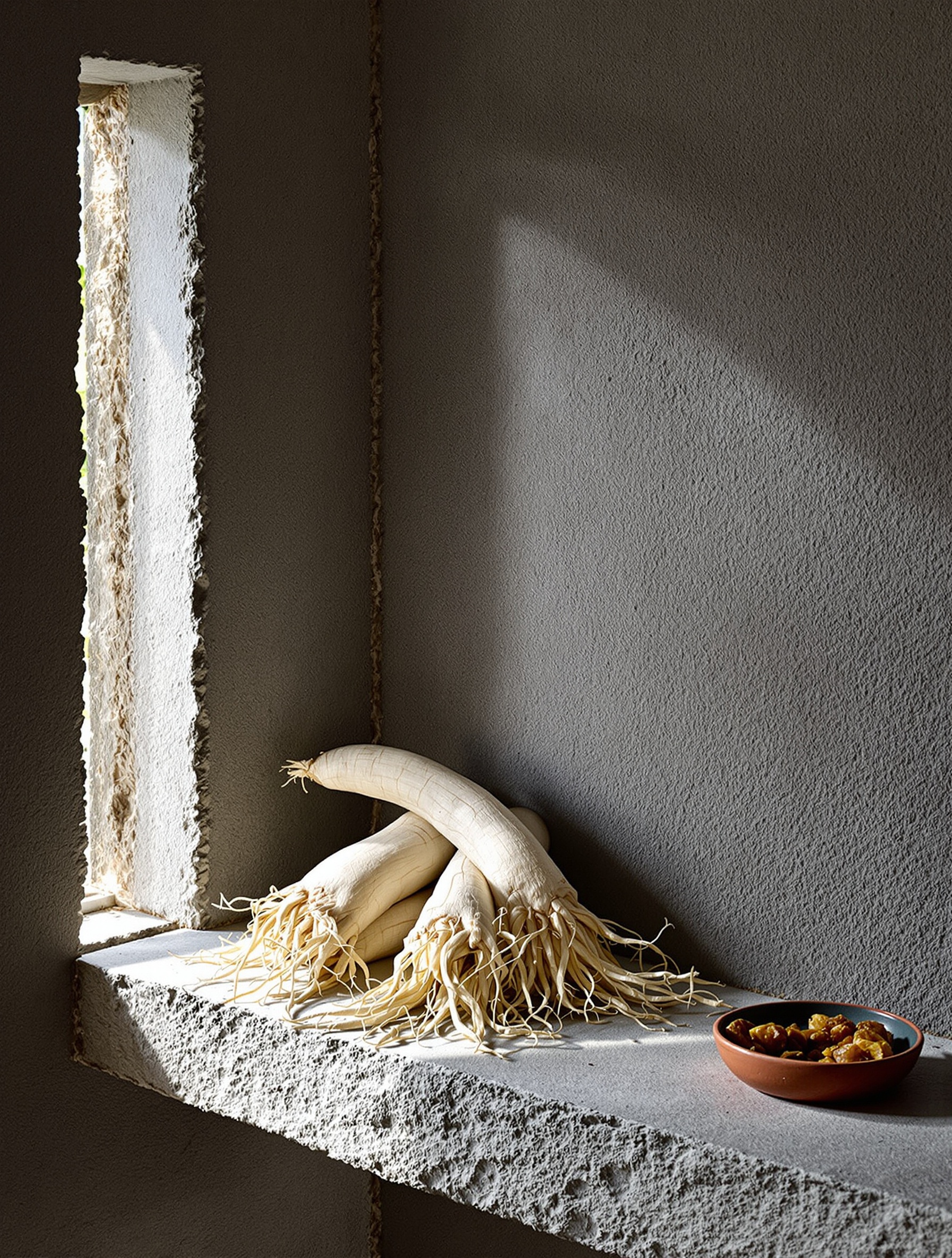 Drying orris rhizomes on a stone shelf in diffuse afternoon light, evoking the rooty floral heart of Amouage Reflection 45.