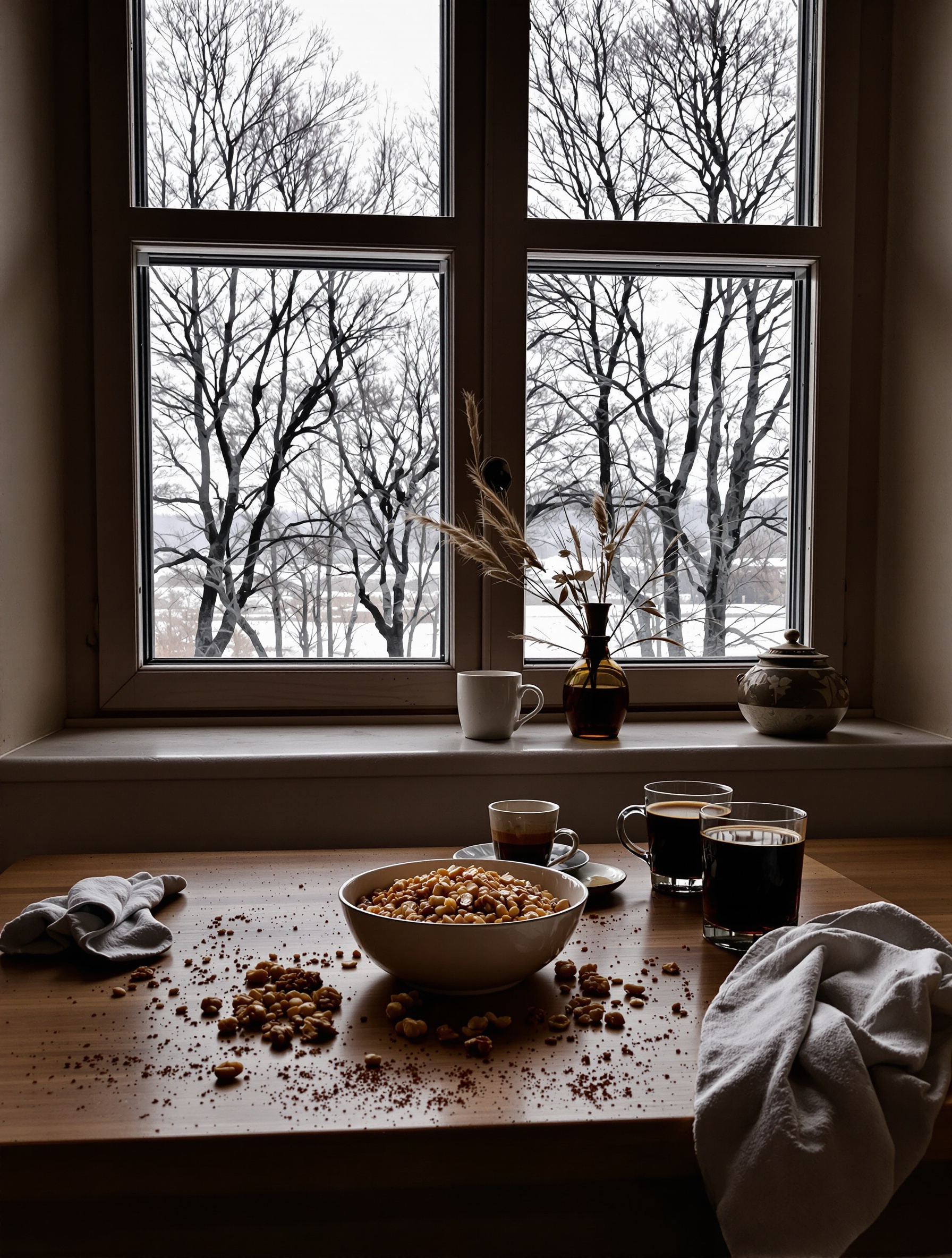 A dusk Romanian kitchen table with coliva ingredients, cold coffee, and winter trees visible through the window for Coliva Gourmand Potion by Adi Ale Van.
