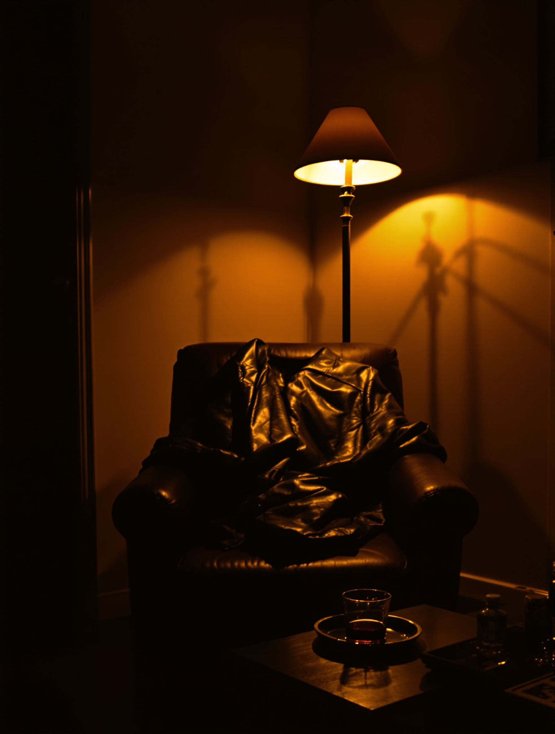 A dimly lit apartment room with a leather jacket draped over a chair, evoking the late-night surrender mood of Side Effect.