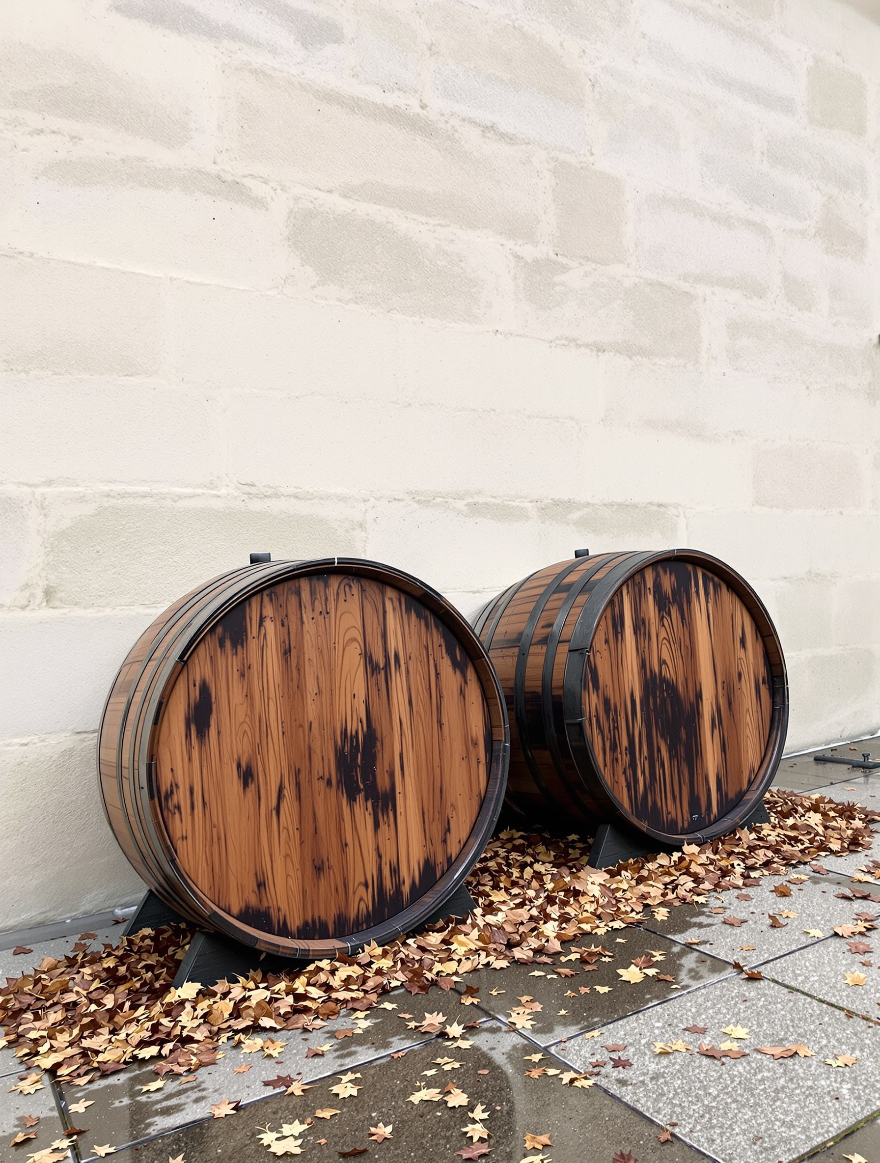 Editorial photograph of rain-darkened oak barrels against a Charente limestone wall evoking Angels Share by Kilian Paris.