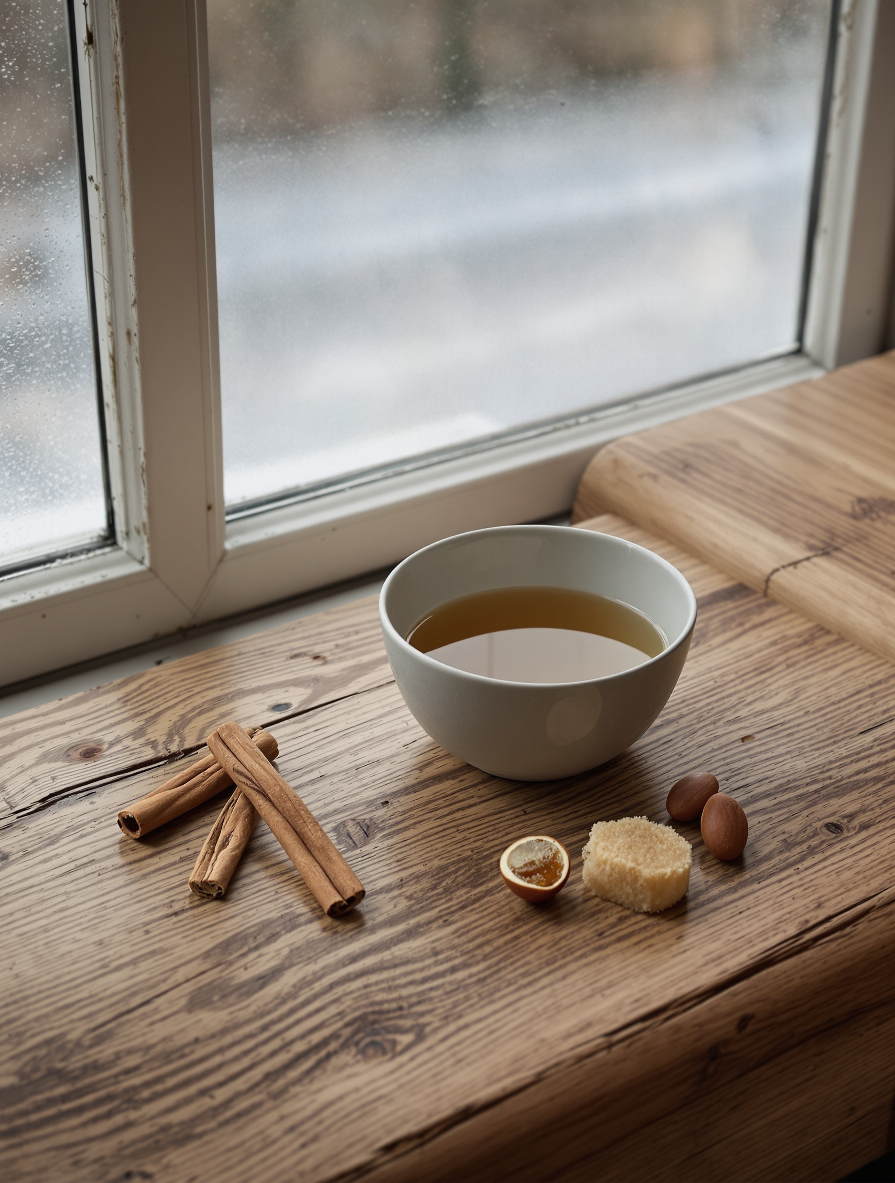 A matte ceramic bowl of amber liquid beside cinnamon sticks and split tonka beans on an oak table near a frost-edged window in grey winter light.