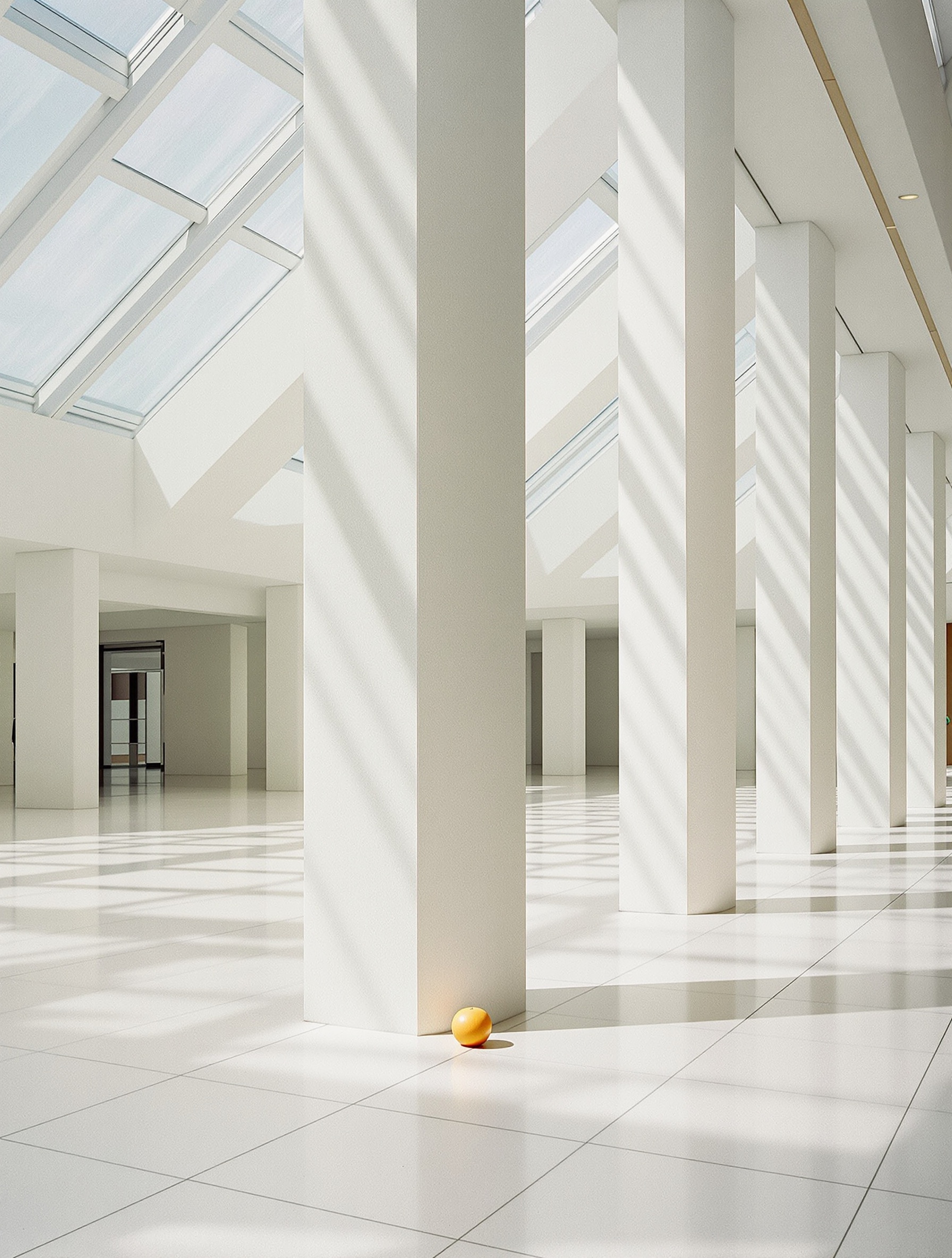 A single grapefruit sits at the foot of a white column in a sunlit modernist atrium, geometric light shafts crossing the polished stone floor around it.