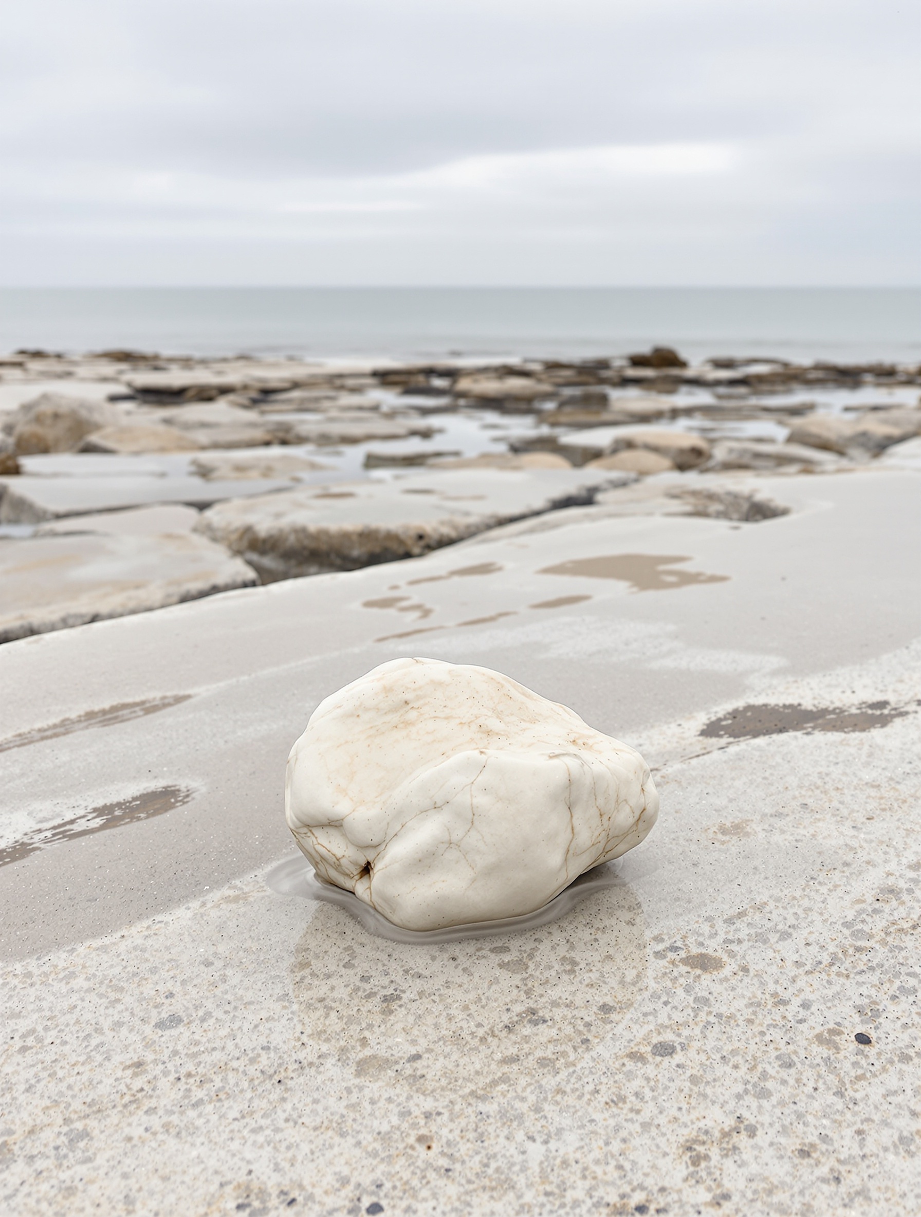 A piece of natural ambergris resting on pale coastal stone with the sea receded far in the background for Guidance 46 by Amouage.