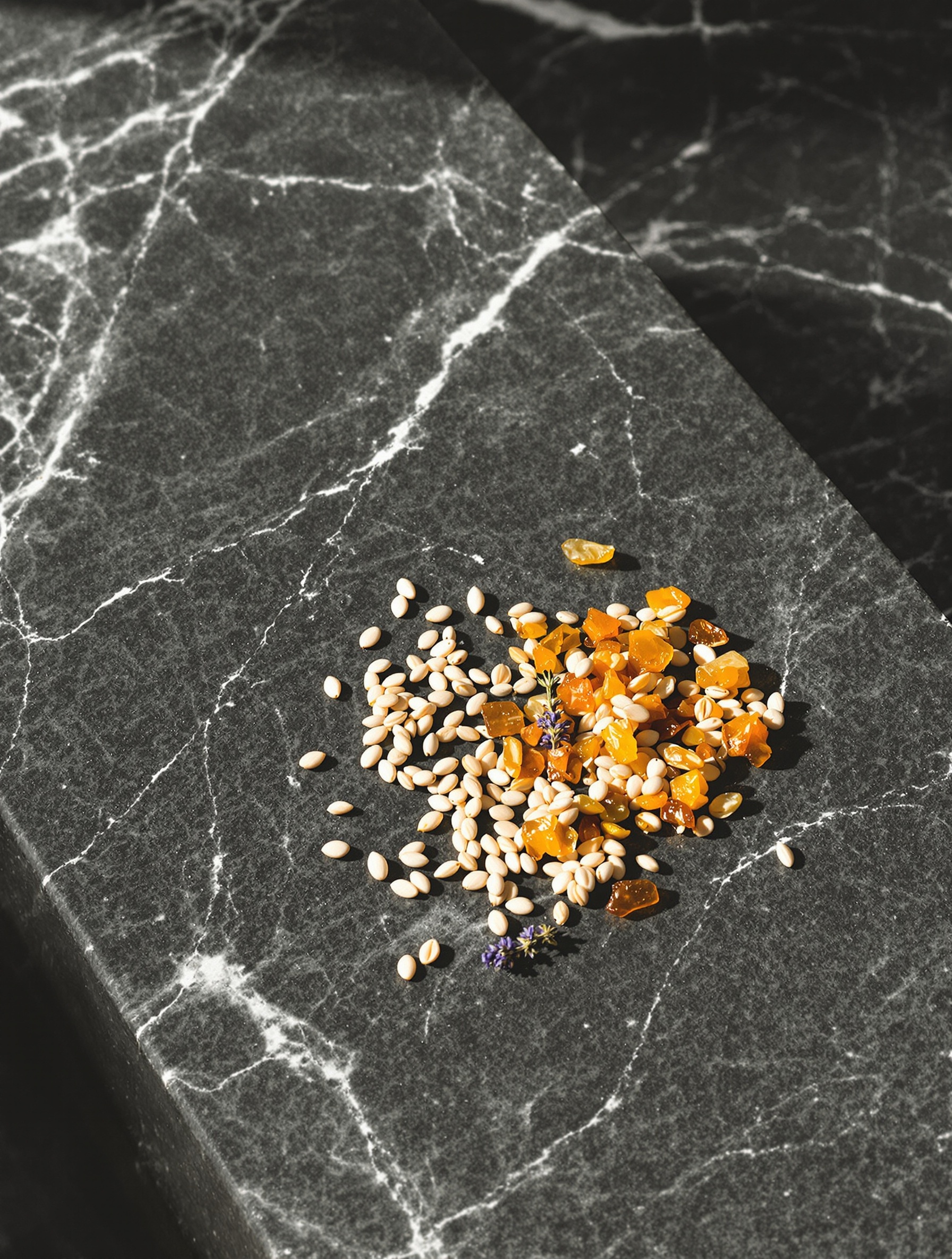 Frankincense and opoponax resin tears rest beside dried lavender and sesame seeds on dark veined marble in warm directional light.