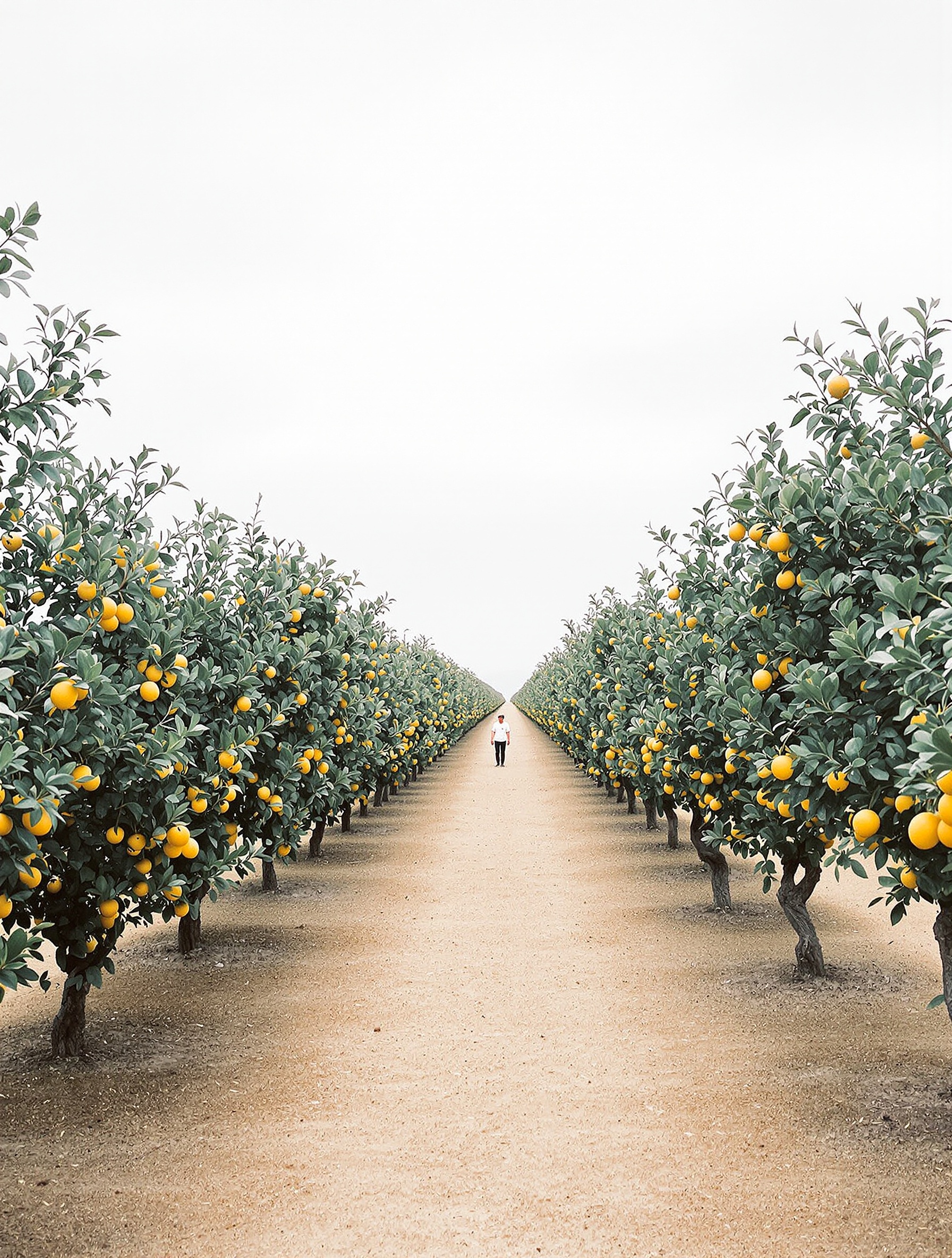 Rows of lemon trees heavy with yellow fruit flank a dry earth path under a soft grey overcast sky, a tiny distant figure visible at the vanishing point.