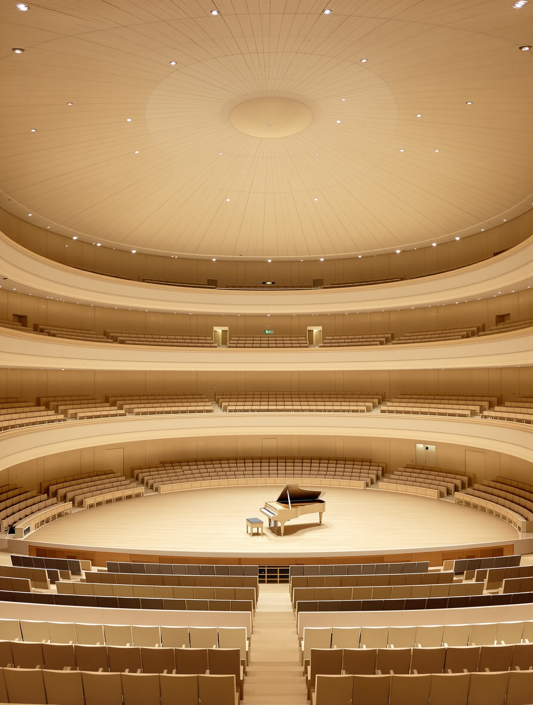 An empty contemporary concert hall with a lit grand piano on a bare stage, evoking the controlled silence at the heart of Louis Vuitton Symphony.