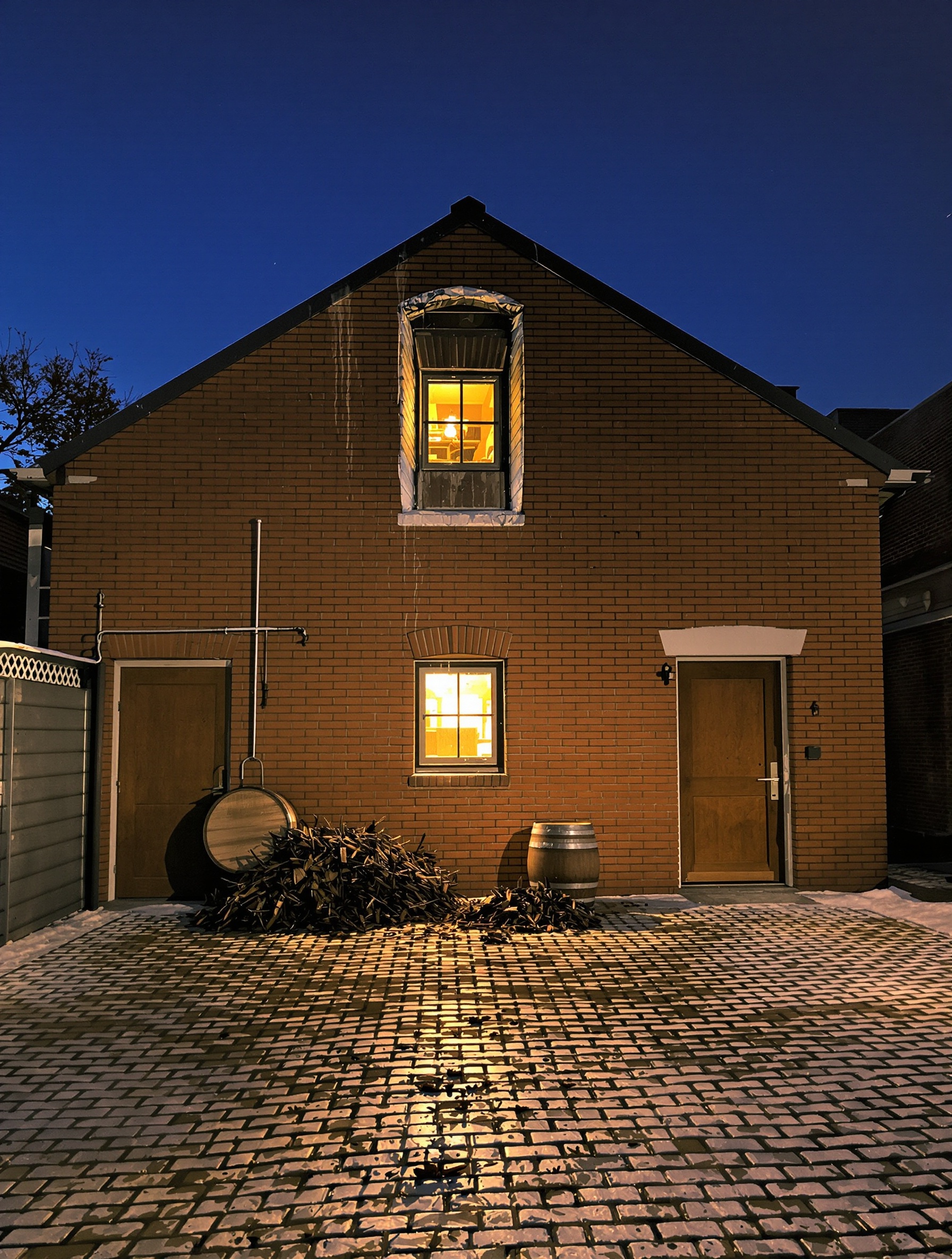A pre-dawn winter distillery yard with warm amber windows glowing through frosted glass, a wooden barrel resting against brick, and scattered cinnamon sticks on wet cobblestones beneath drifting steam.