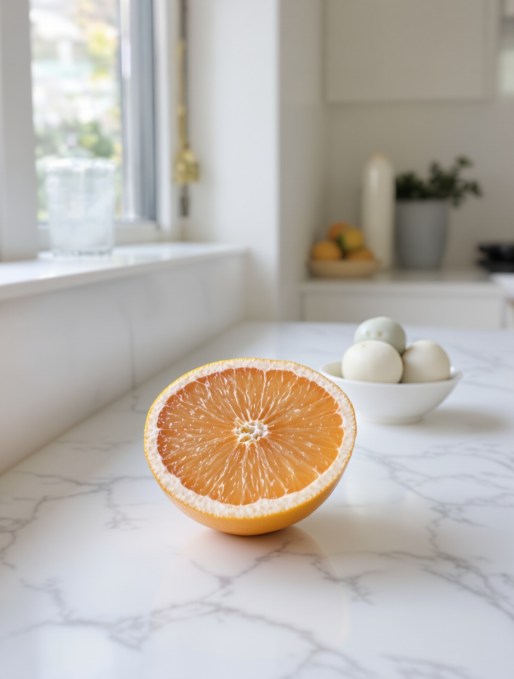 Halved grapefruit and whole bergamots on white marble in cold morning light, a still-life at the core of Louis Vuitton Symphony's citrus precision.