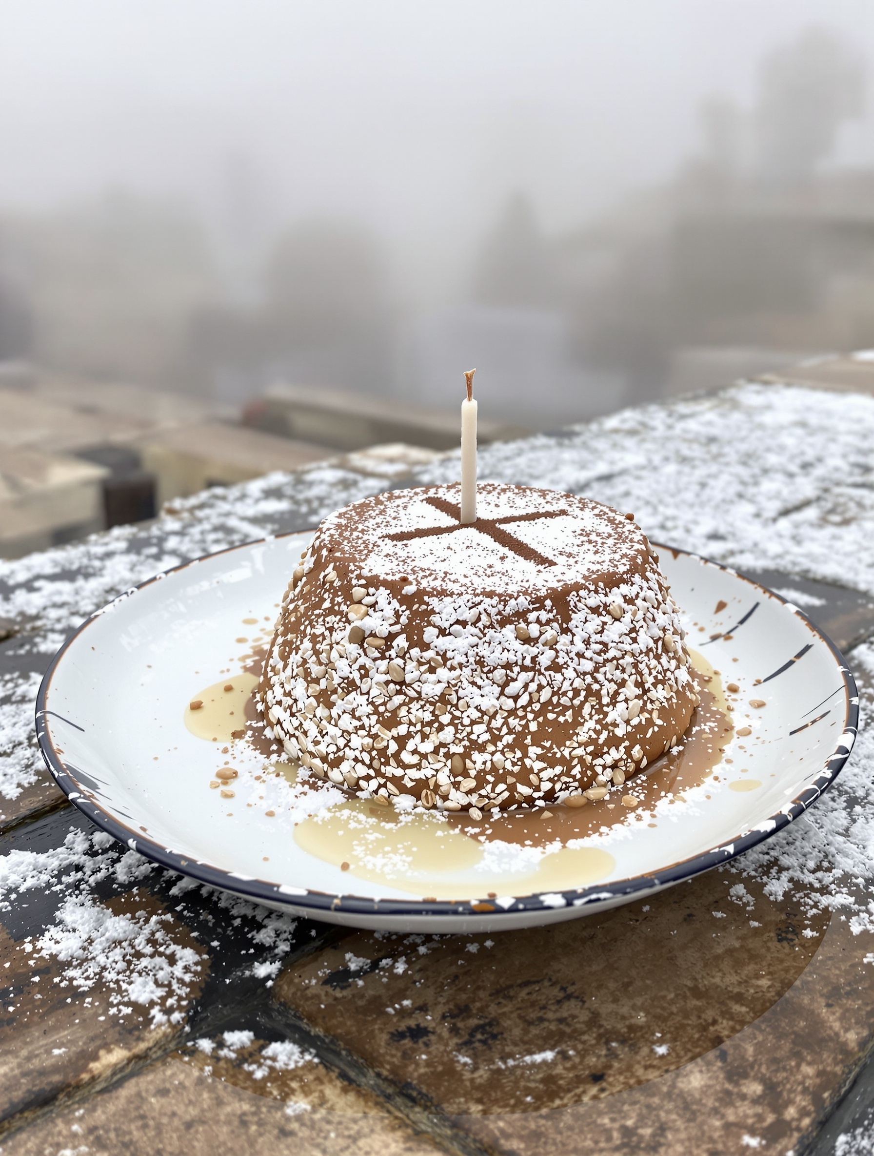 A coliva mound with a powdered sugar cross on a chipped enamel plate beside a spent beeswax candle on cold stone for Coliva Gourmand Potion by Adi Ale Van.