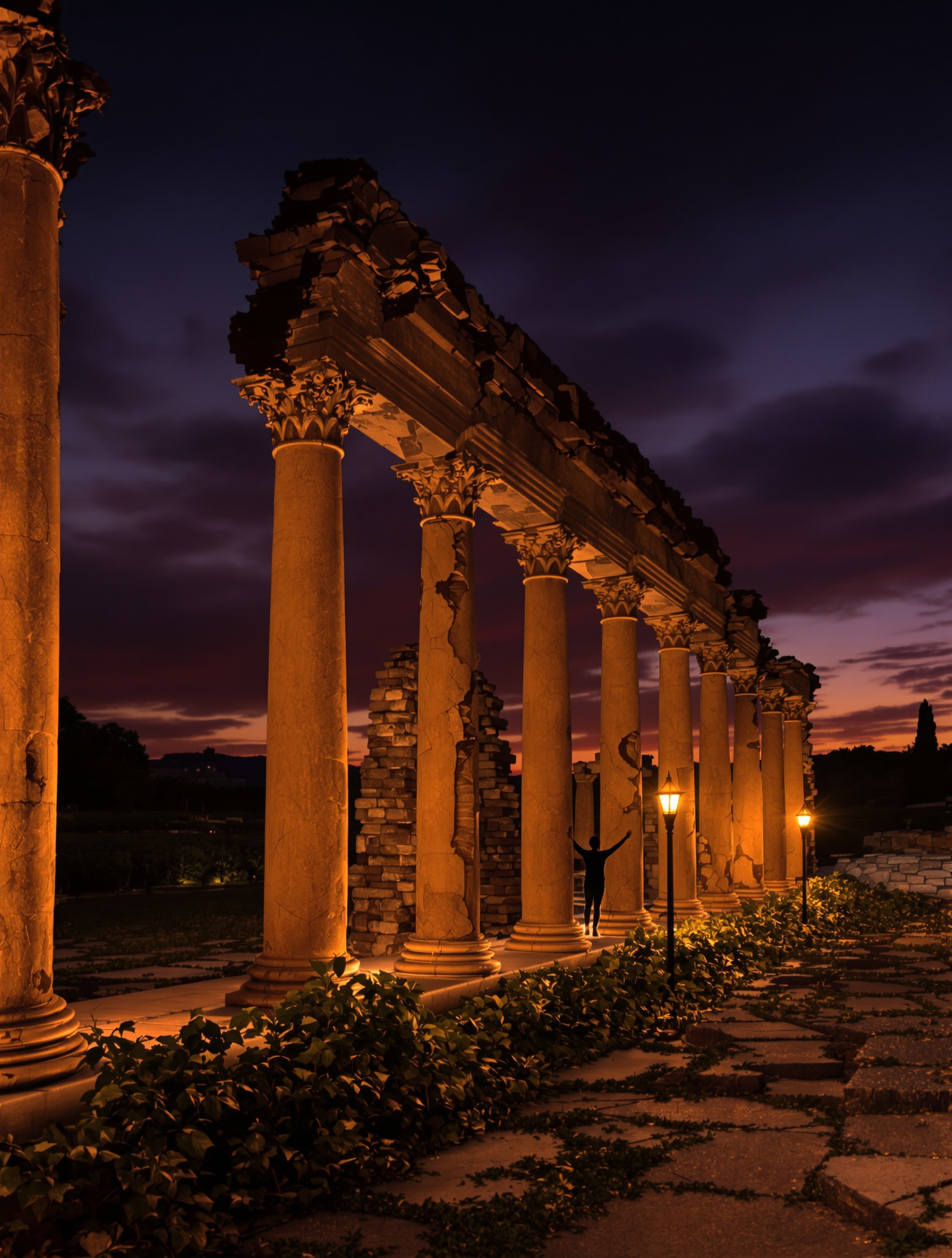 Triumph of Bacchus by Argos evoked through ancient vine-covered ruins lit by torchlight at dusk, a solitary distant figure among crumbling columns.