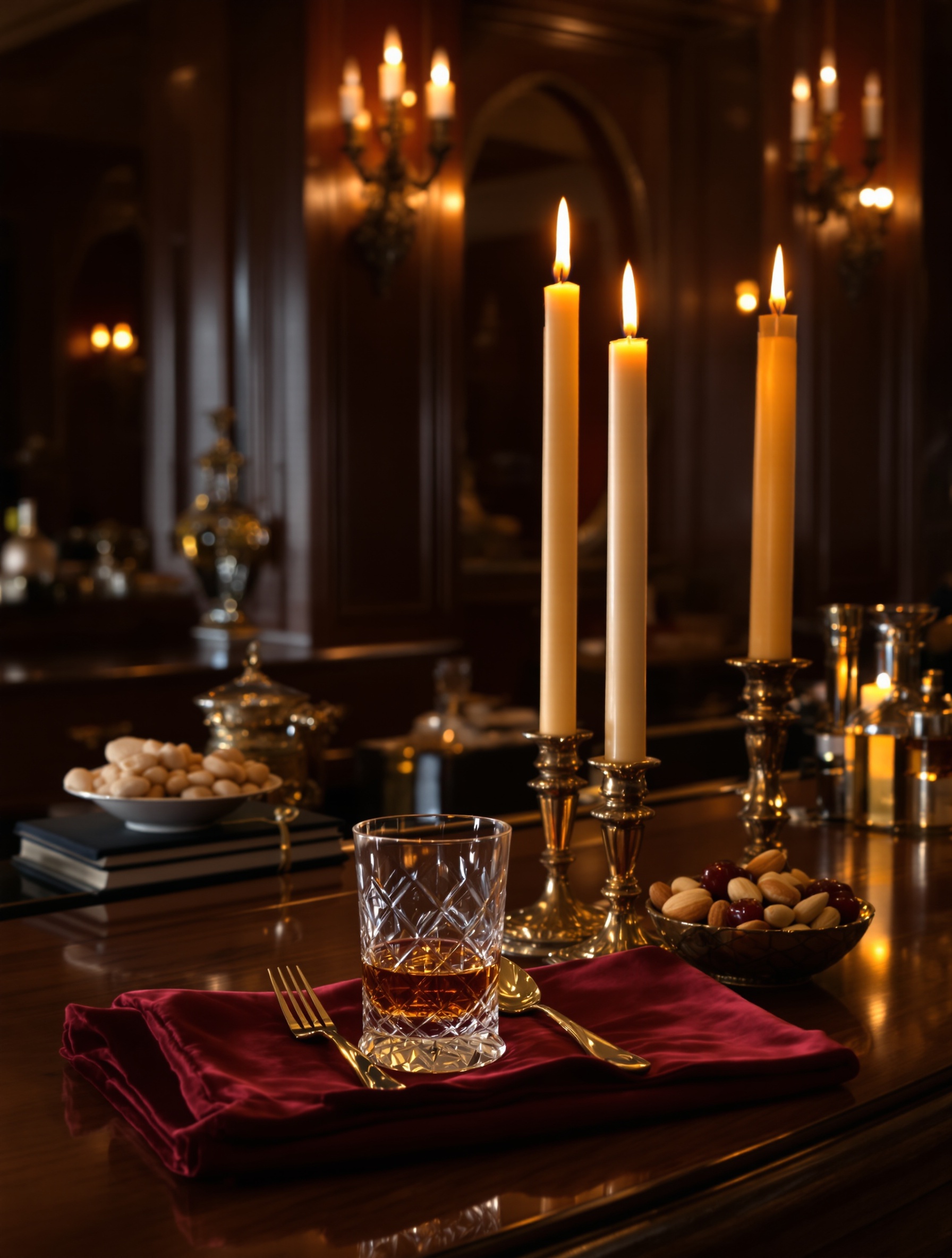 A candlelit baroque bar interior evoking the nocturnal indulgence of Bodacious by Boadicea the Victorious.
