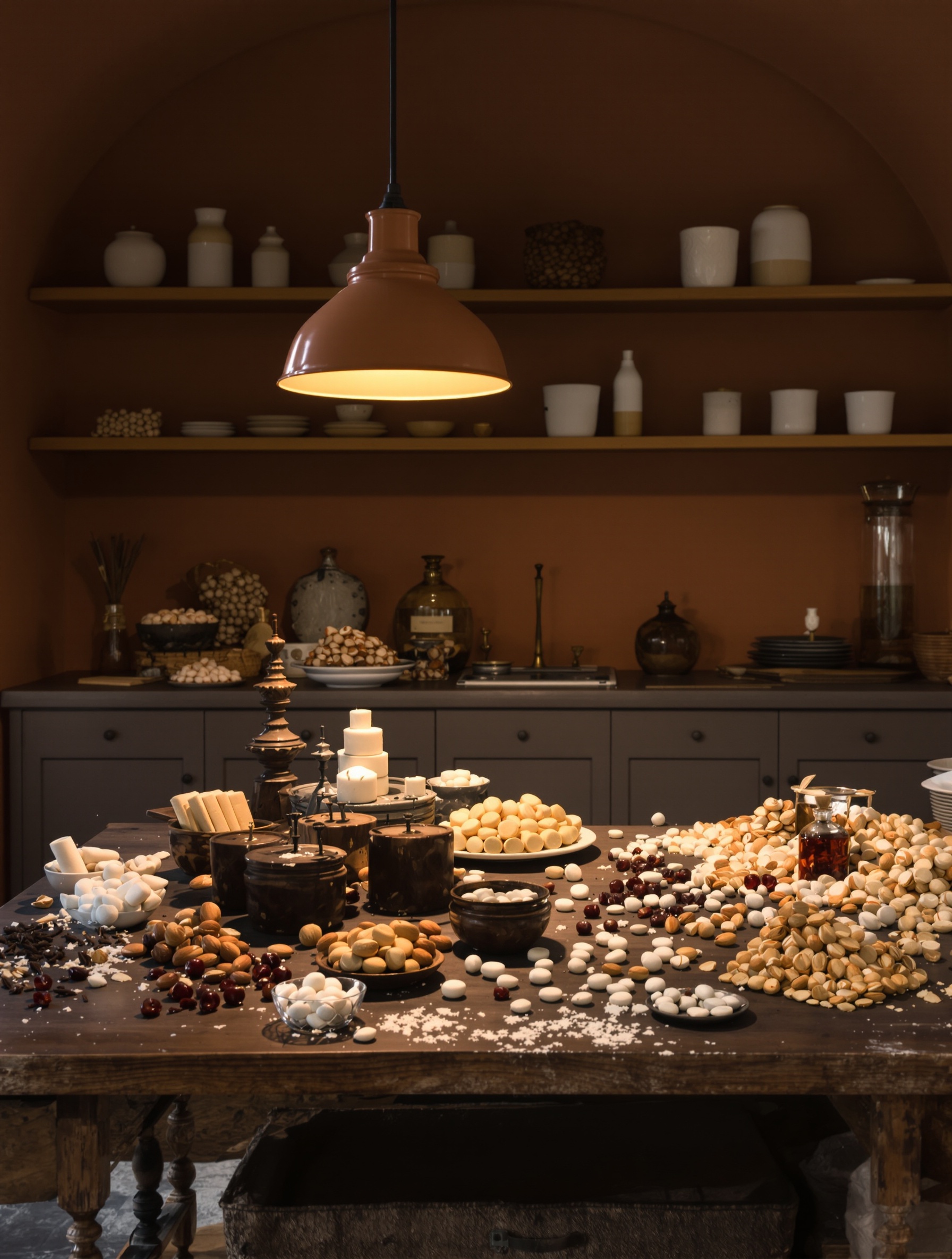 An amber-lit artisan marzipan workroom evoking the almond-and-cherry heart of Bodacious.
