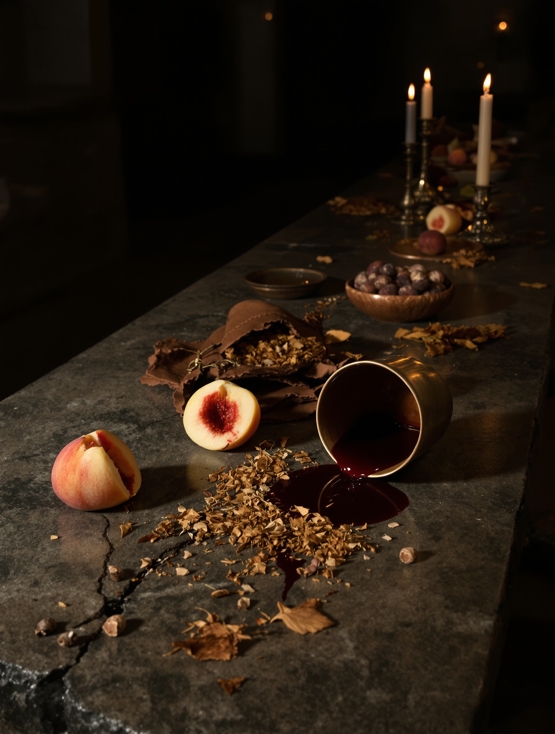 Triumph of Bacchus by Argos evoked through an overripe peach and saffron still life on a collapsed stone banquet table in warm candlelight.