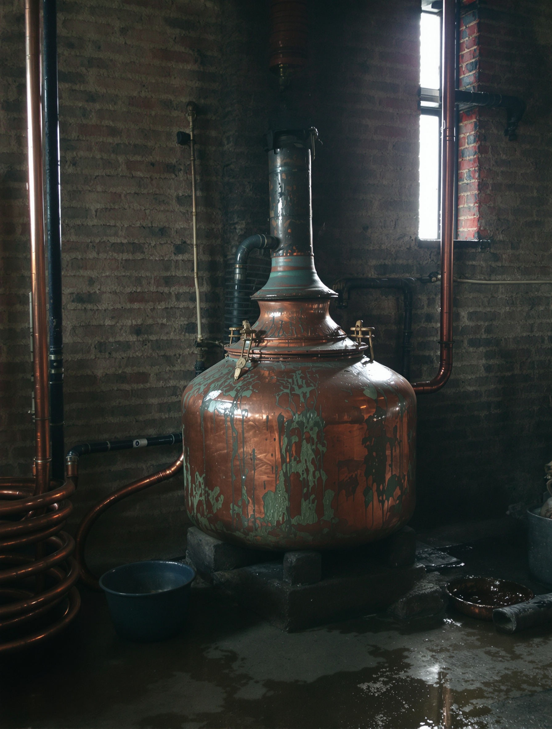 A tarnished copper distillation still in a dim Kannauj workshop, soft afternoon light through a narrow window illuminating condensation on its domed lid and dark wet stone floor.