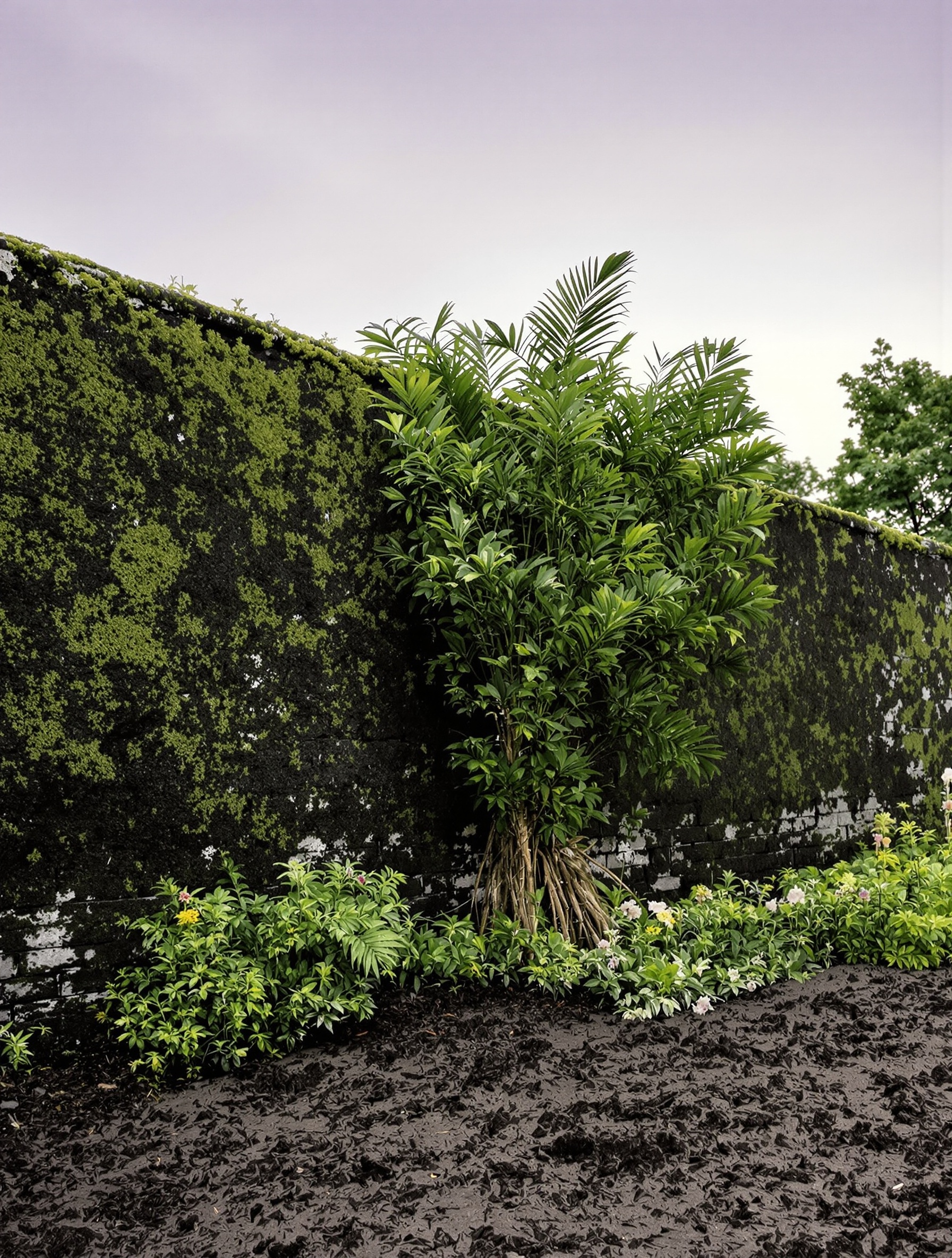 A moss-darkened walled garden at dusk with pandanus fronds and exposed iris rhizomes in wet earth, conjuring the botanical soul of Al Majmua by Areej Le Doré.