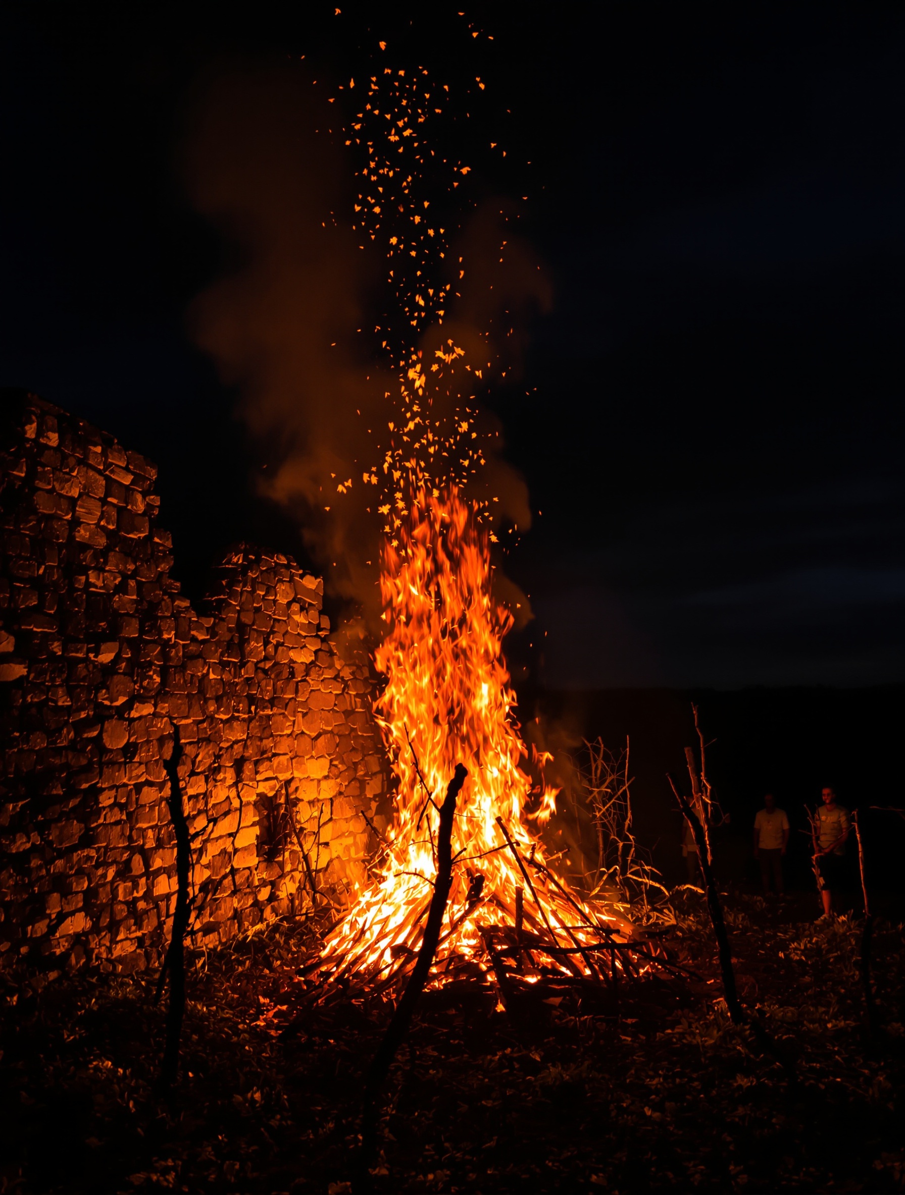 Triumph of Bacchus by Argos evoked through a bonfire of vine canes burning against ruined stone at night, glowing leaves rising into a violet-black sky.