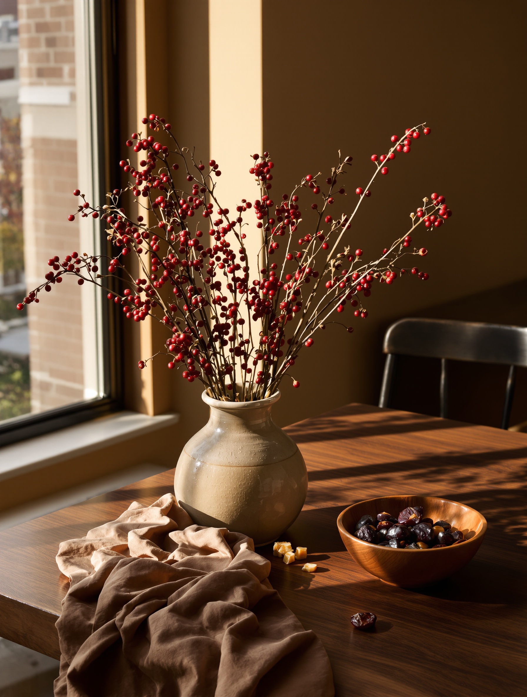 A spare dark-walnut table still life with dried heliotrope, preserved cherries, raw amber resin, and whole almonds bathed in warm late-afternoon window light.