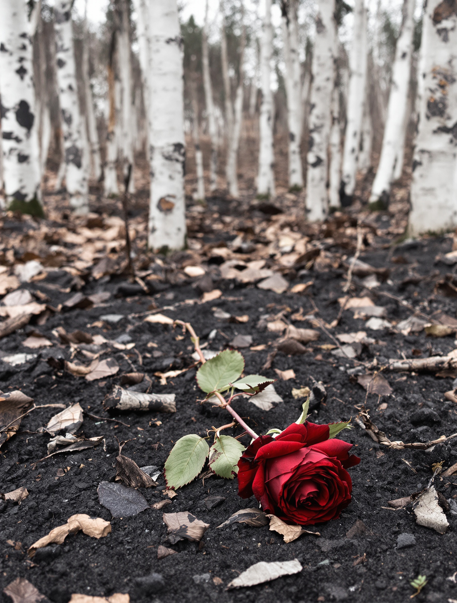 A wilted crimson rose lies fallen on ash-covered ground among pale birch trunks in a burnt forest under flat grey light.