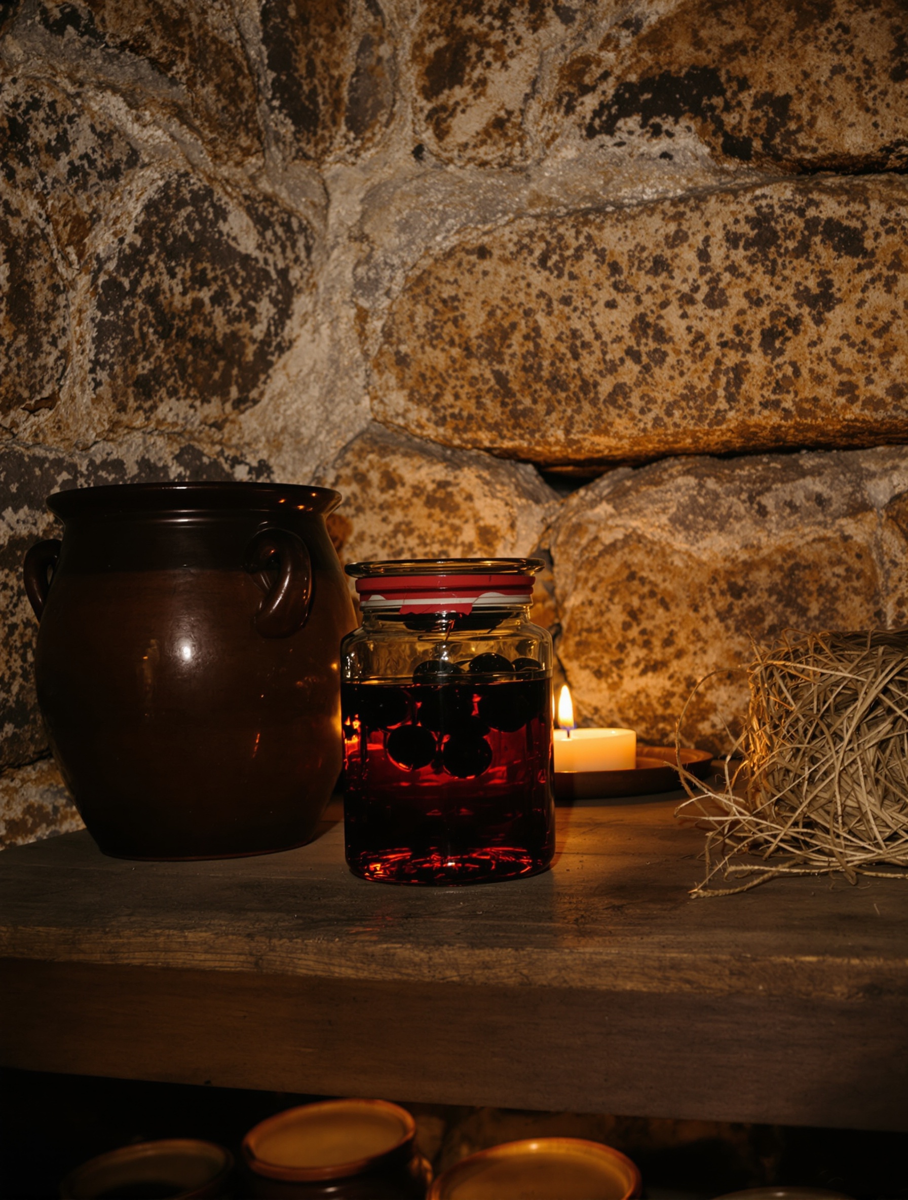 A wax-sealed jar of cognac-preserved cherries glowing on a cellar shelf, capturing the dark, liqueur-soaked opulence of Bodacious.