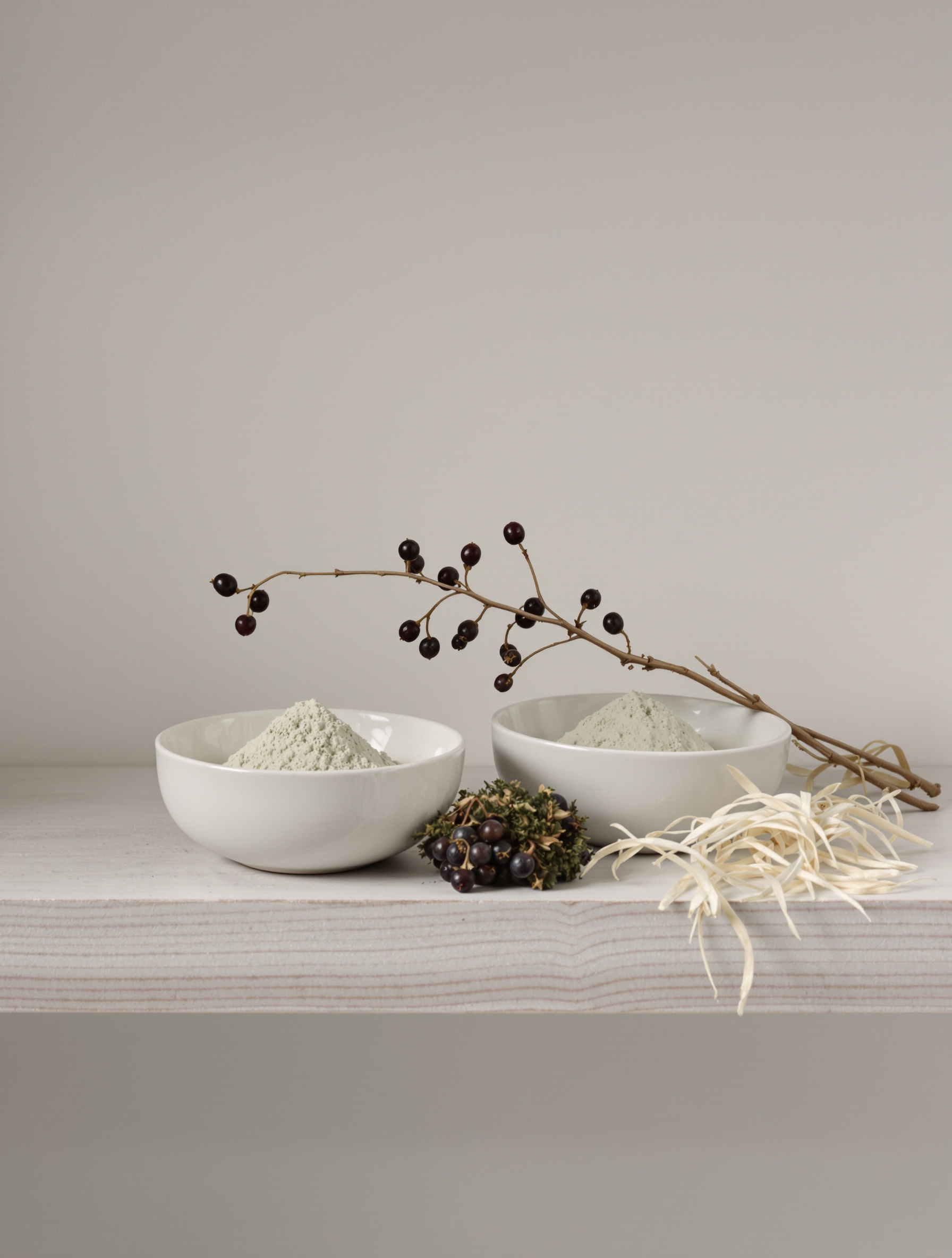 Two ceramic bowls of pale green powder flanked by raw oakmoss, dried vetiver root, and a blackcurrant twig on a worn wooden shelf in soft diffused light.