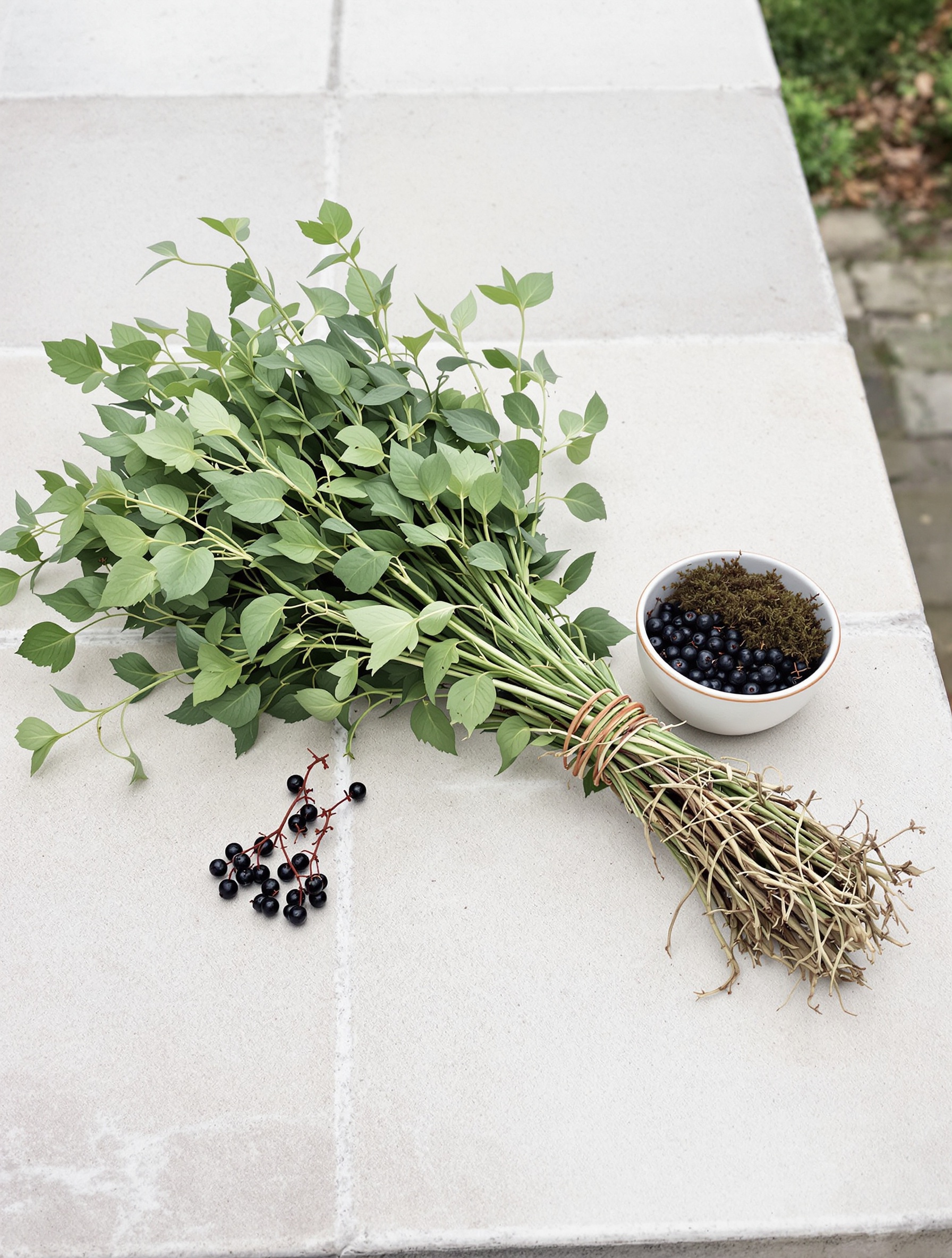 Unwashed green vetiver roots, blackcurrant branch, and oakmoss on a damp stone table in soft grey light, grounding the natural materials of Al Majmua by Areej Le Doré.