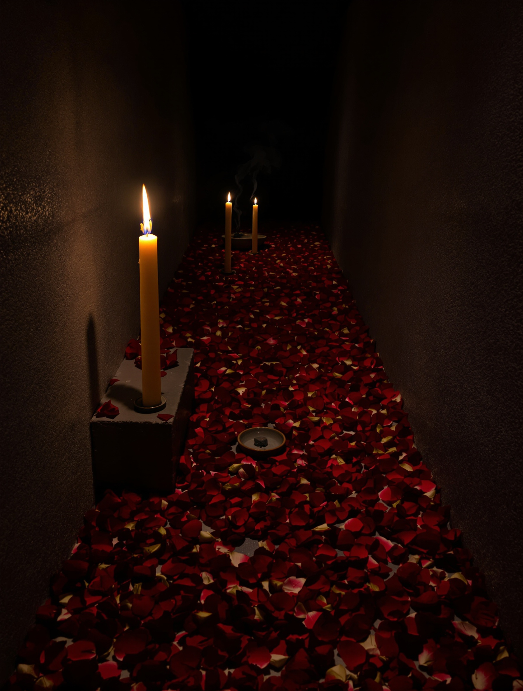 A candlelit stone chamber with rose petals and burning resin, conjuring the ceremonial darkness of Oud Maximus.