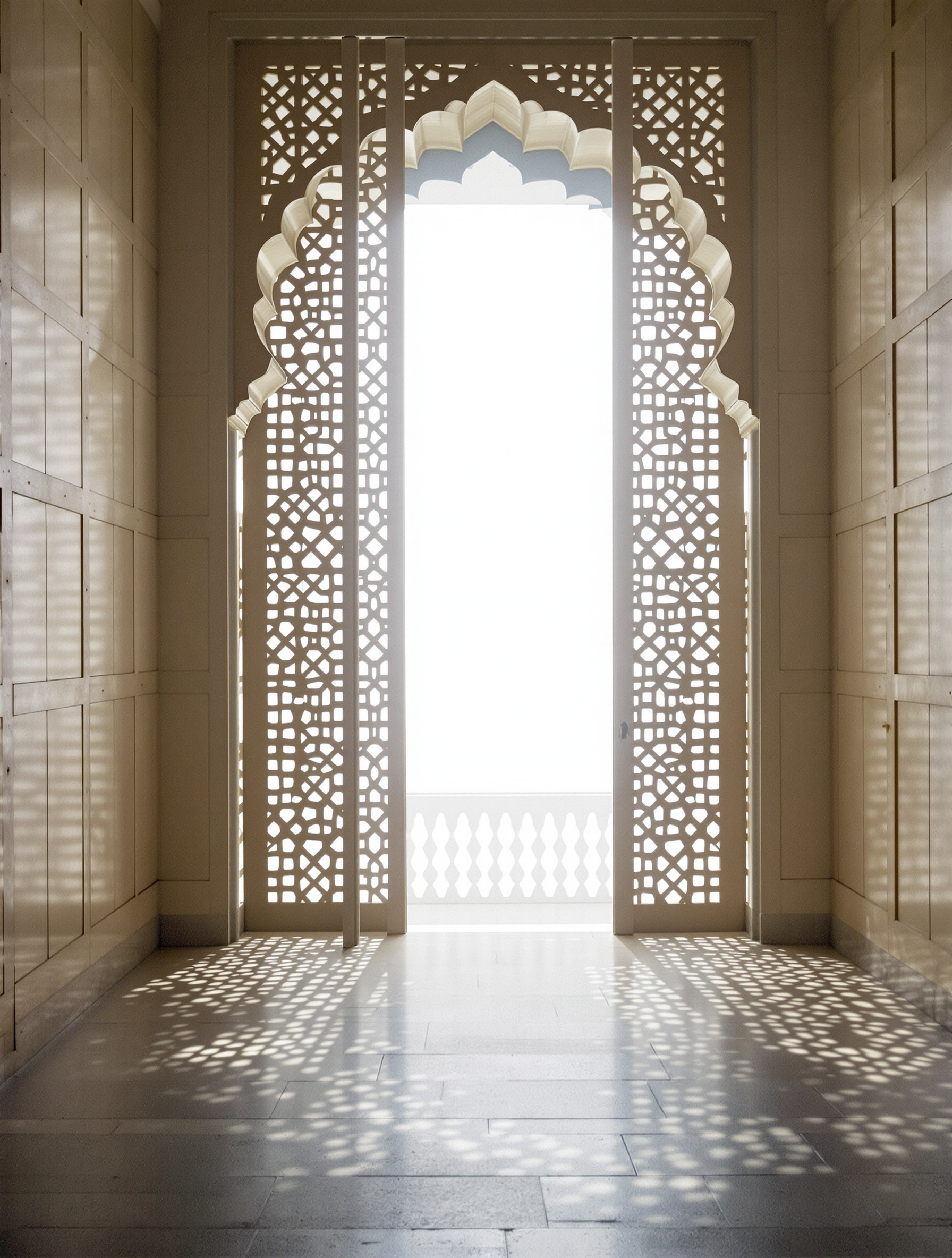 Empty haveli corridor with carved jali screen casting geometric light patterns across a bare stone floor.