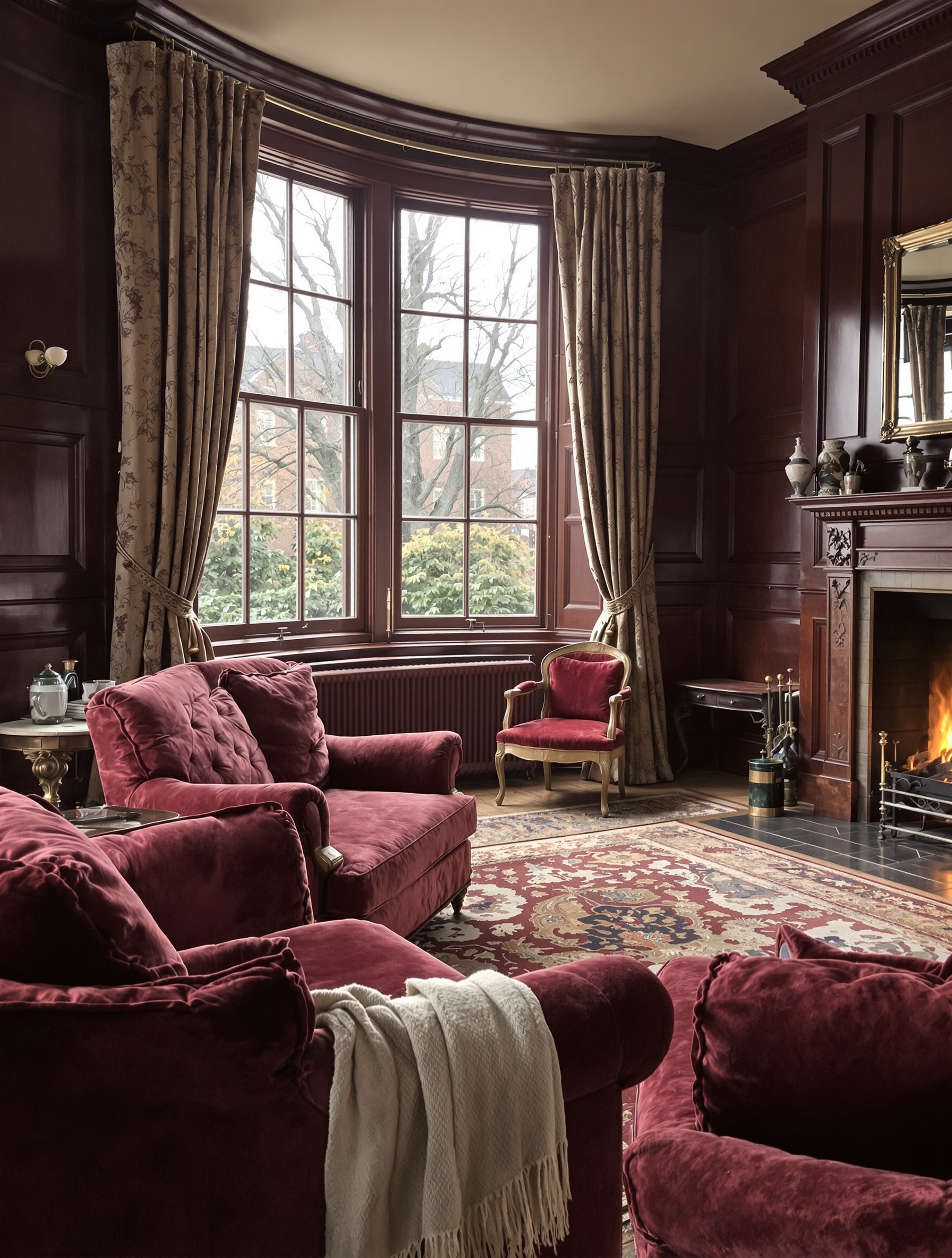 A dim, richly upholstered Mayfair drawing room in November rain, evoking the warm resinous world of Millésime 1849.