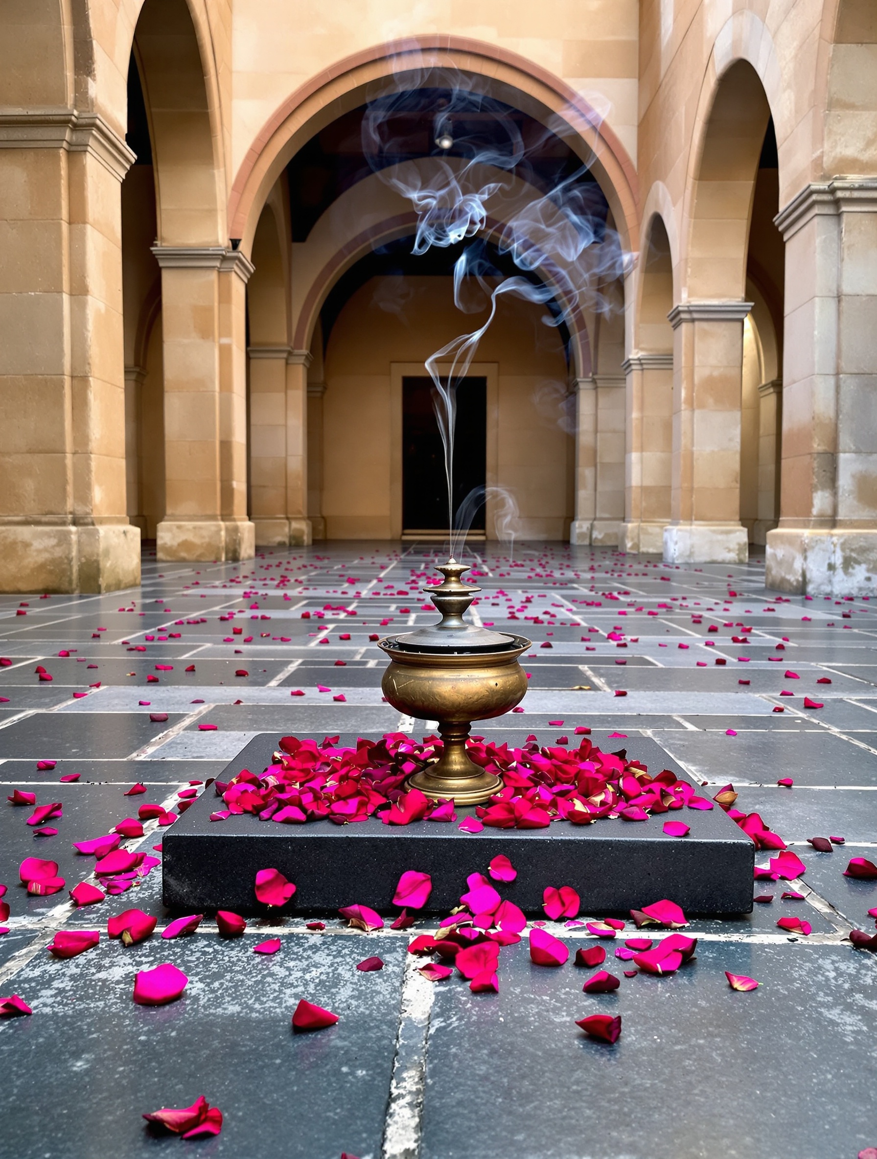 A brass incense burner on dark stone releases a thread of smoke among scattered crimson rose petals in a shadowed stone courtyard at dusk.