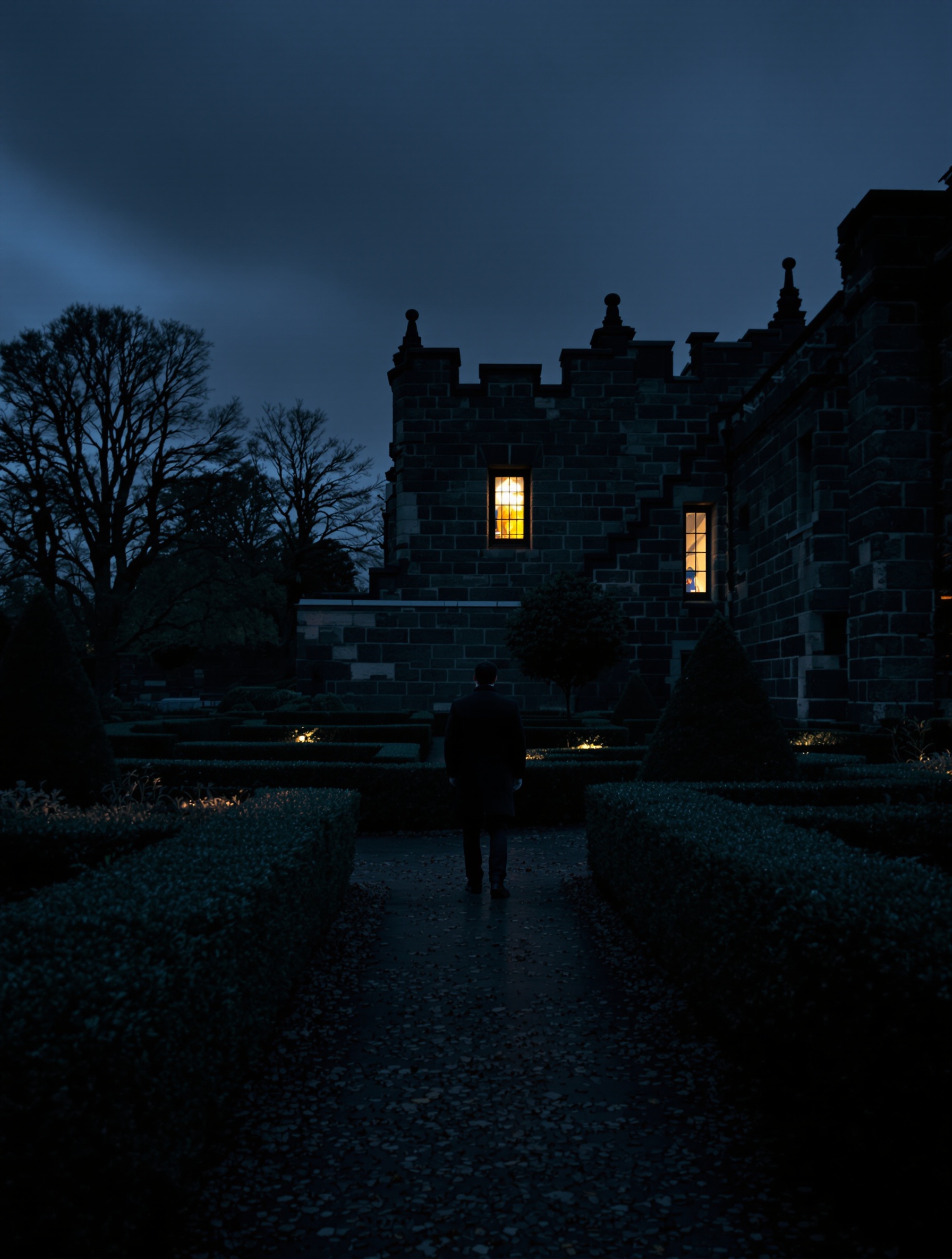 Wide dusk shot of a formal stone garden evoking the sovereign solitude of Absolu Aventus.