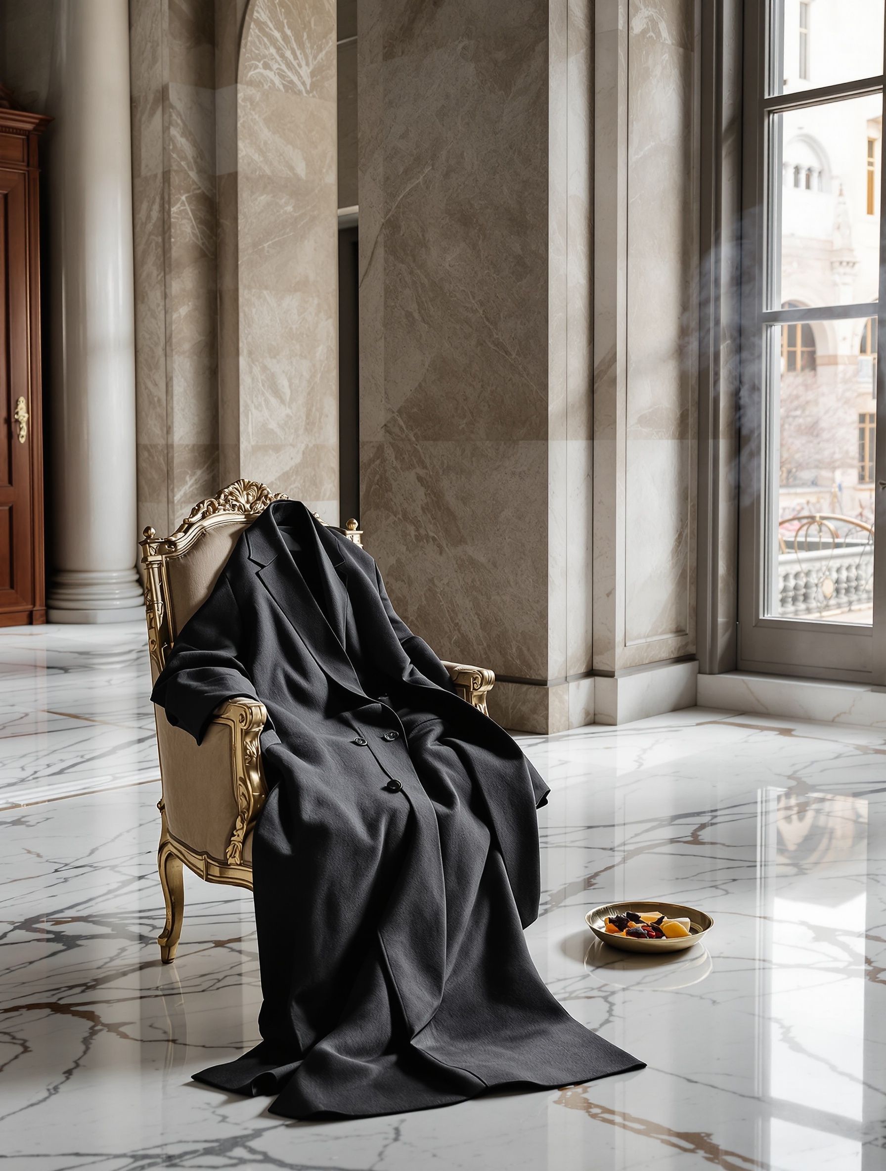 A marble embassy antechamber with a folded dark overcoat on a gilded chair and a brass tray of smoldering agarwood, evoking Royal Oud by Creed.