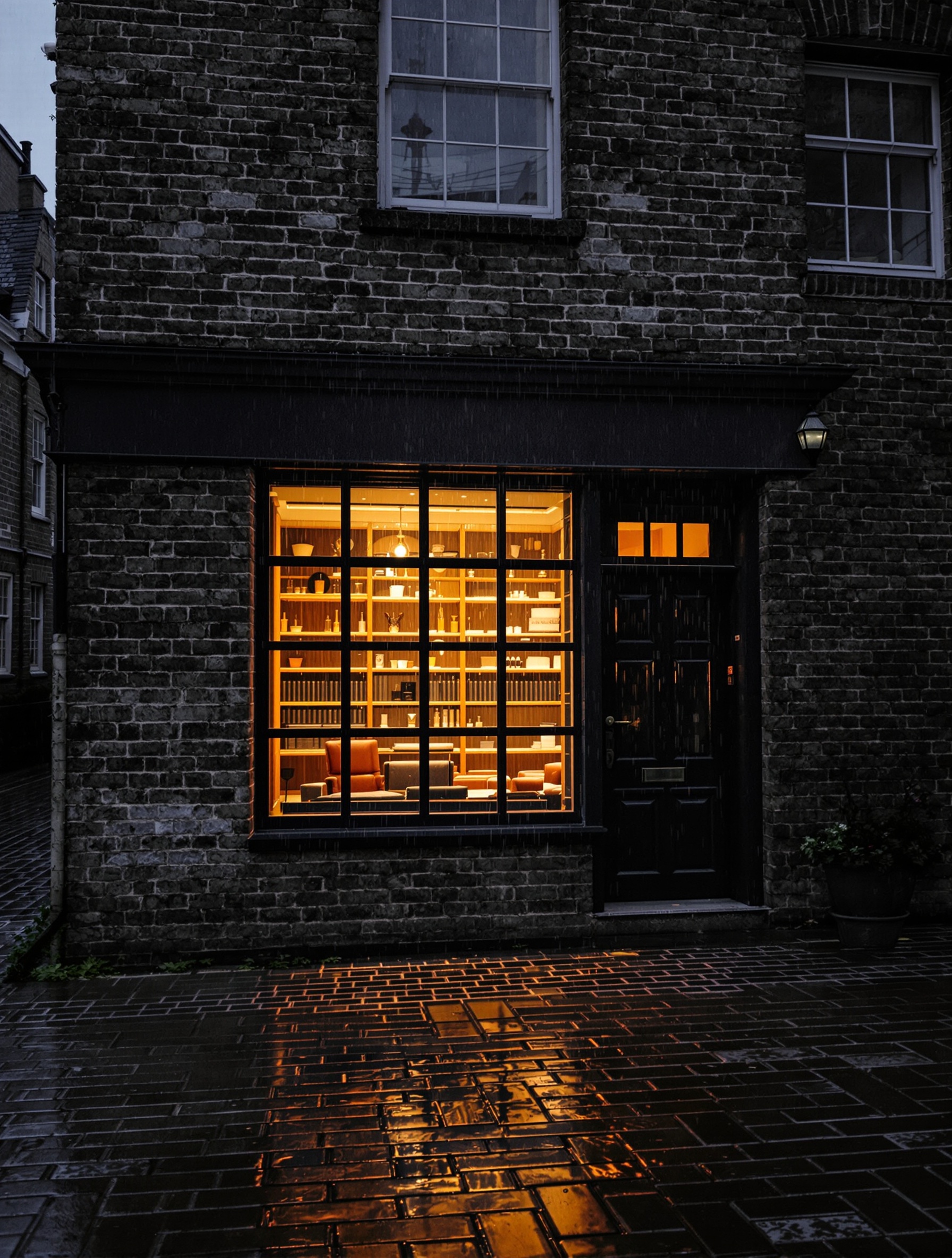 Rain-streaked stone building with one amber-lit window, evoking the ruminative privacy of Absolu Aventus.
