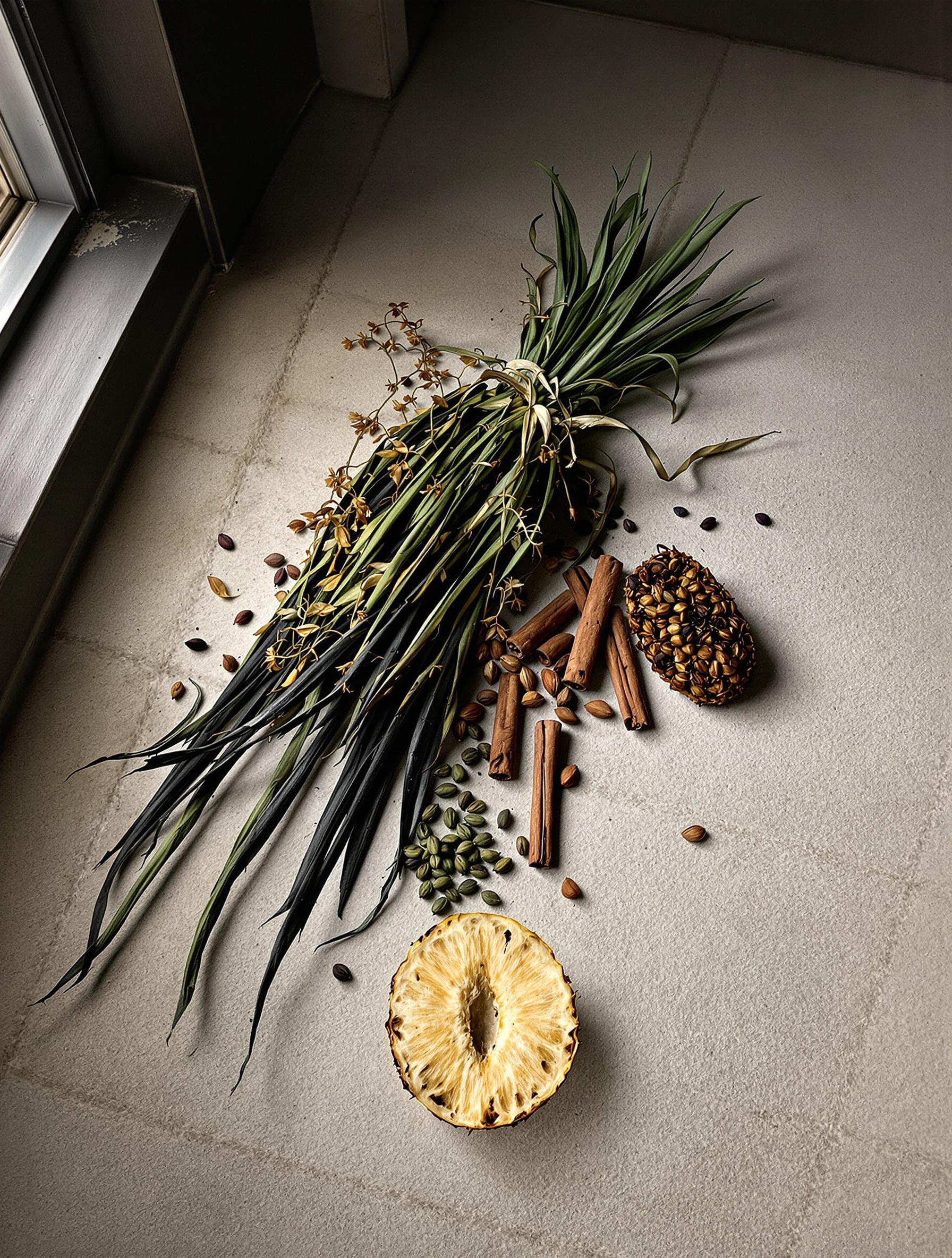 Vetiver roots, cinnamon, cardamom and dried pineapple on cold cellar stone, the raw ingredient world of Absolu Aventus.