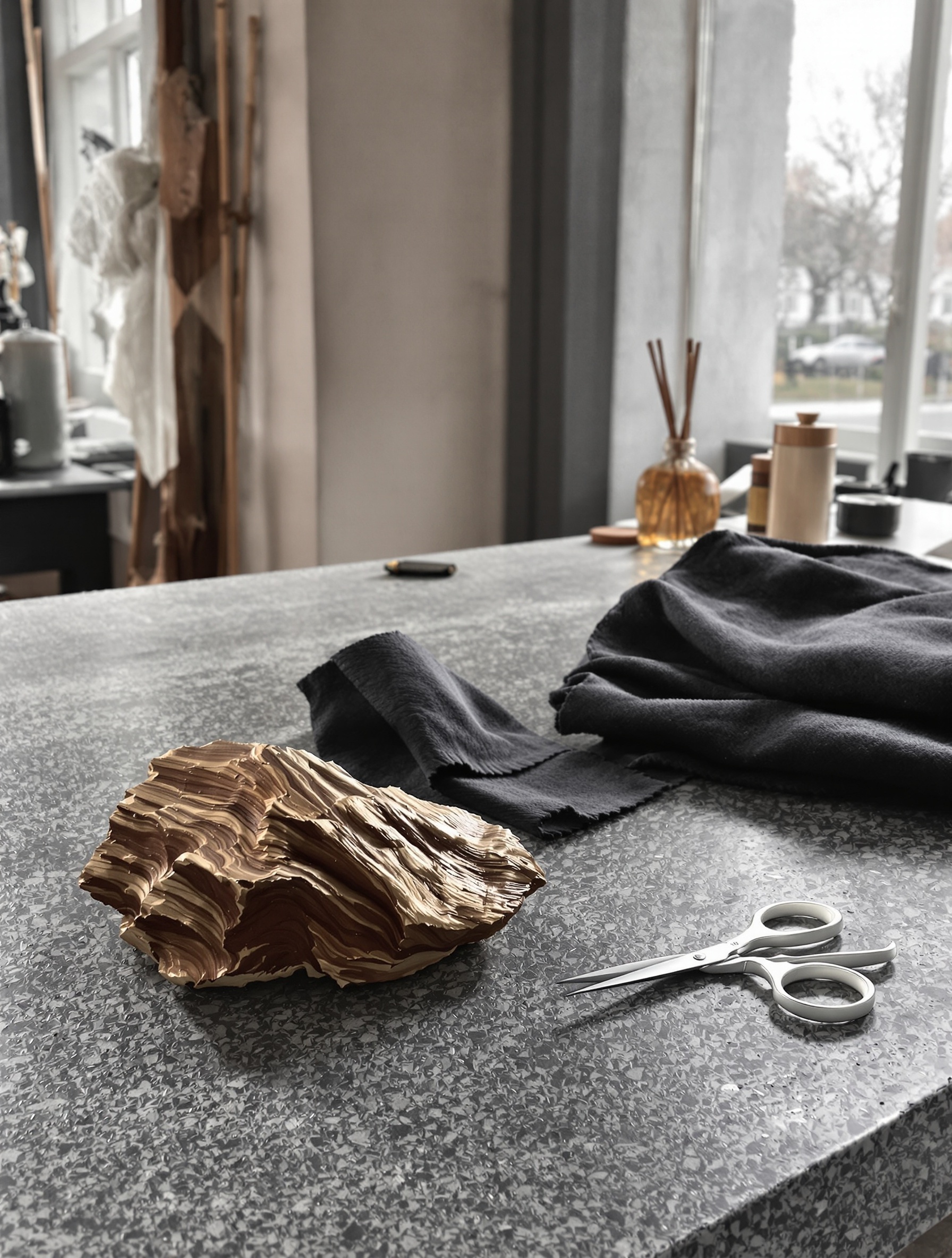 A rough fragment of agarwood resin on a stone workbench beside charcoal suiting fabric and tailor's shears in cold northern light, evoking Royal Oud by Creed.