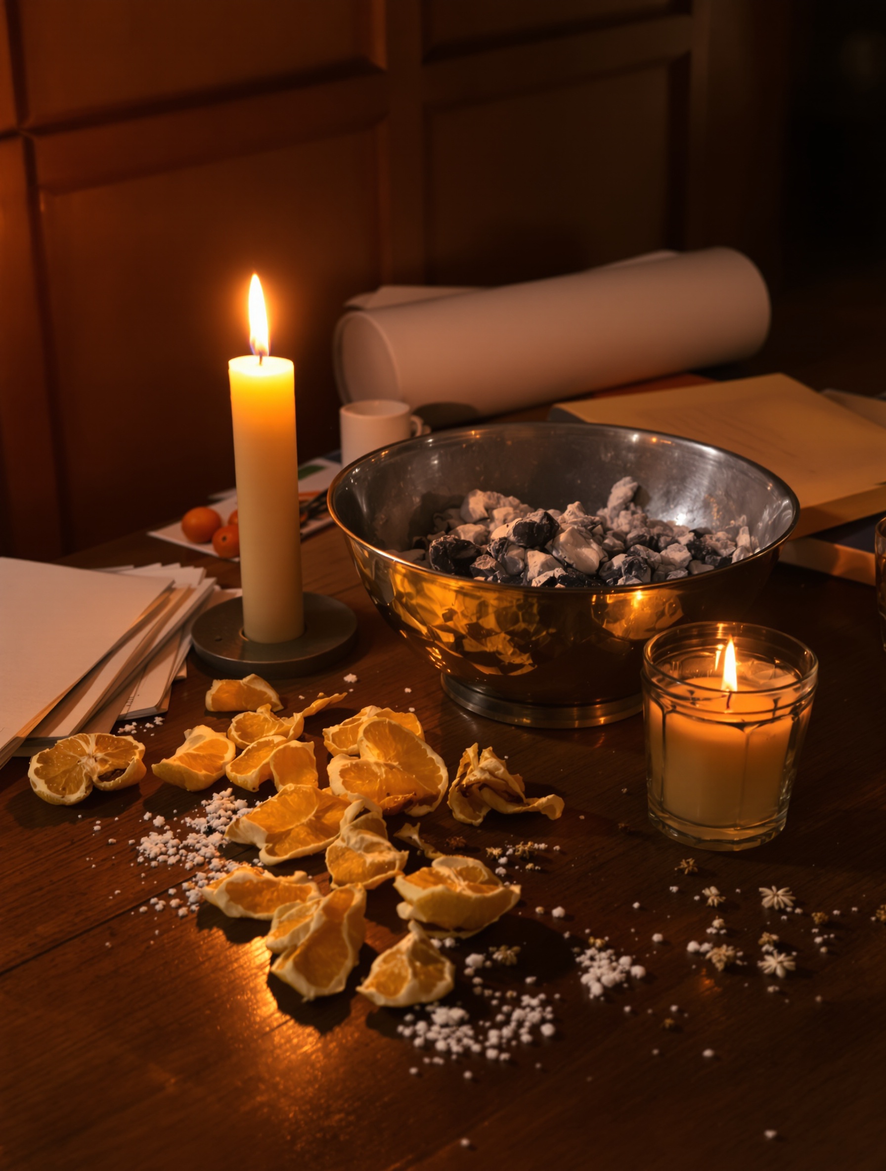 A dimly candlelit wooden table scattered with dried citrus peel, whole spices, and a metal bowl of cooling ash, evoking a solitary evening drawing to a close.