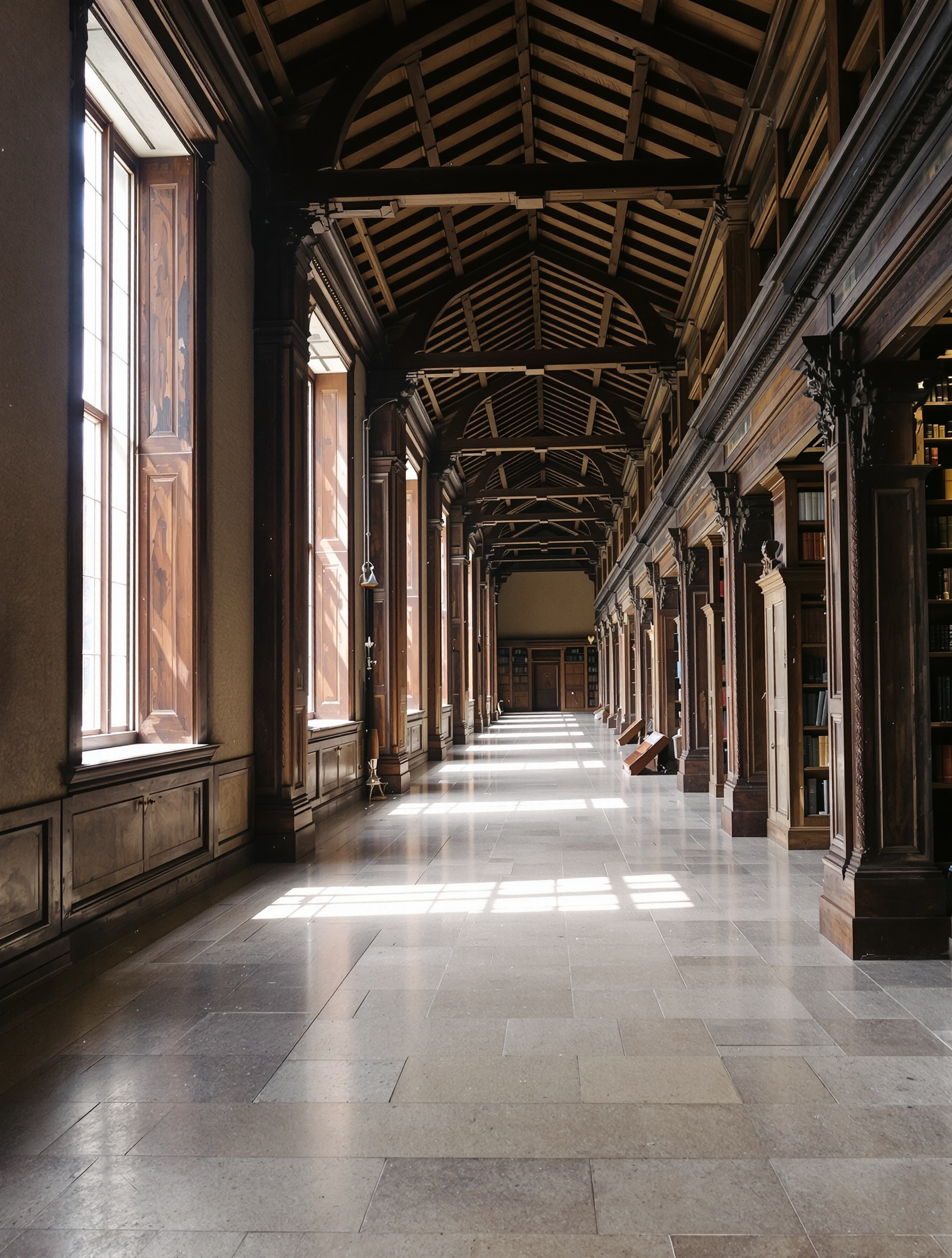 An empty centuries-old European library hall with late afternoon light striping across a stone floor beneath dark cedar ceiling beams.