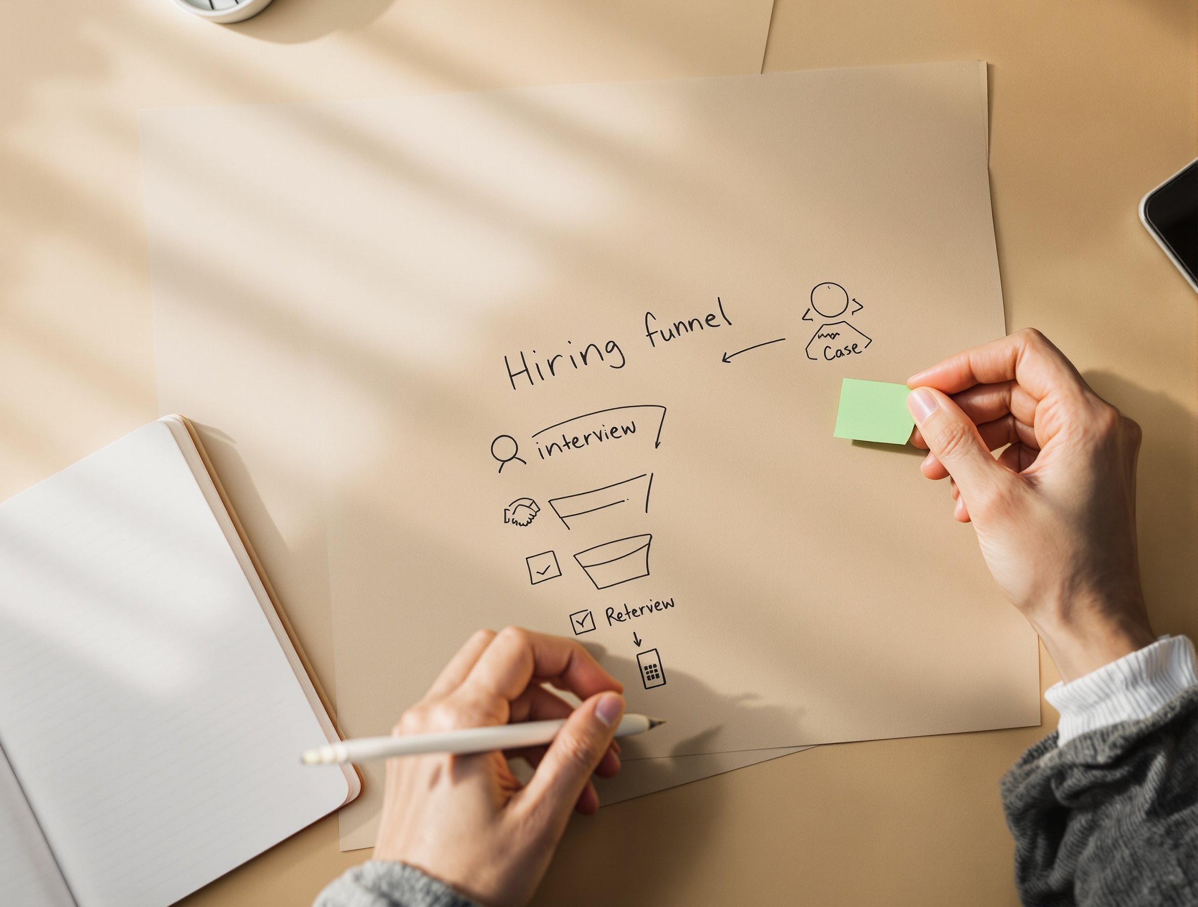 A quiet desk scene illustrating the hiring funnel and where interview evidence and reference calls fit.