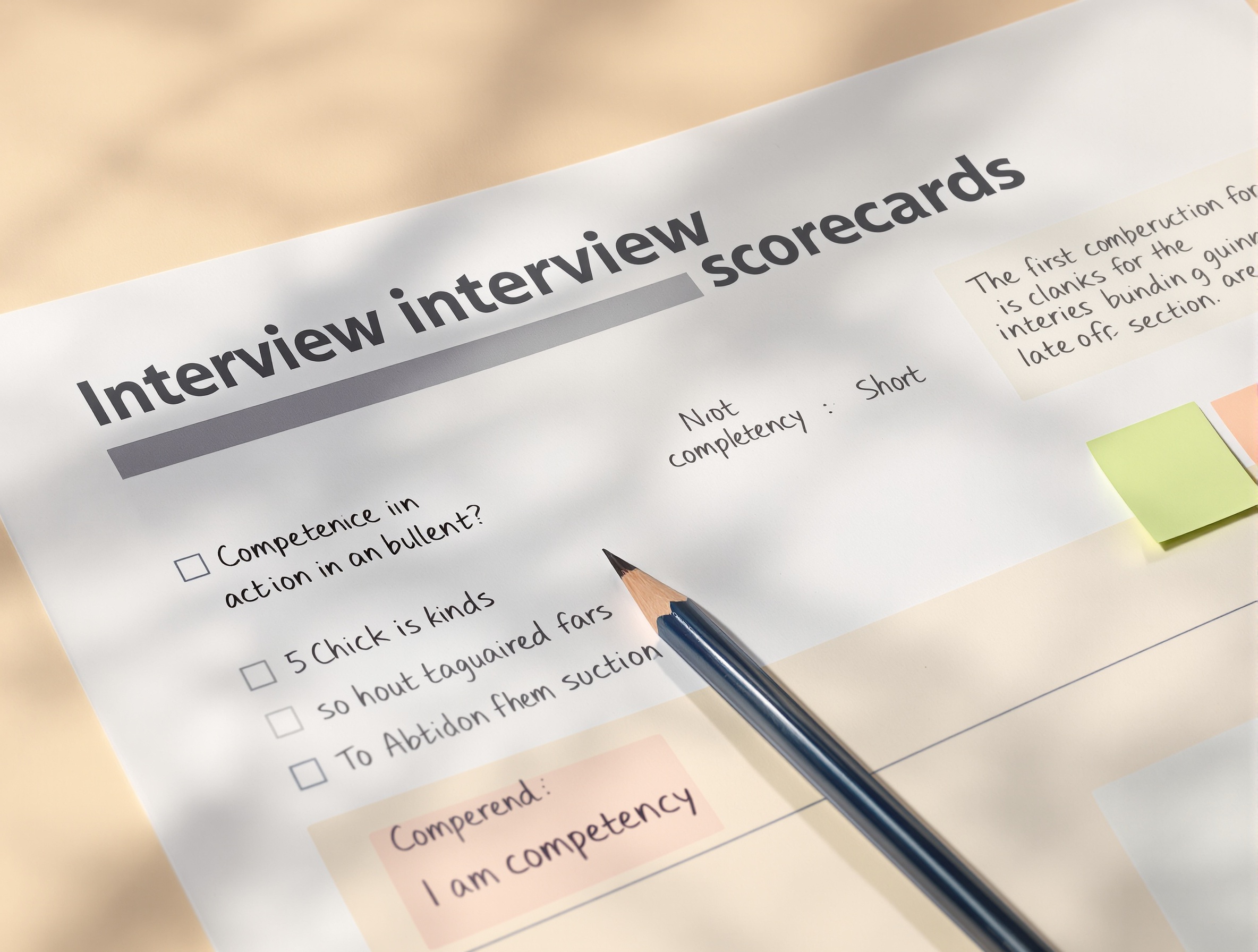 A printed interview scorecard with notes and a green tab marking a competency section.